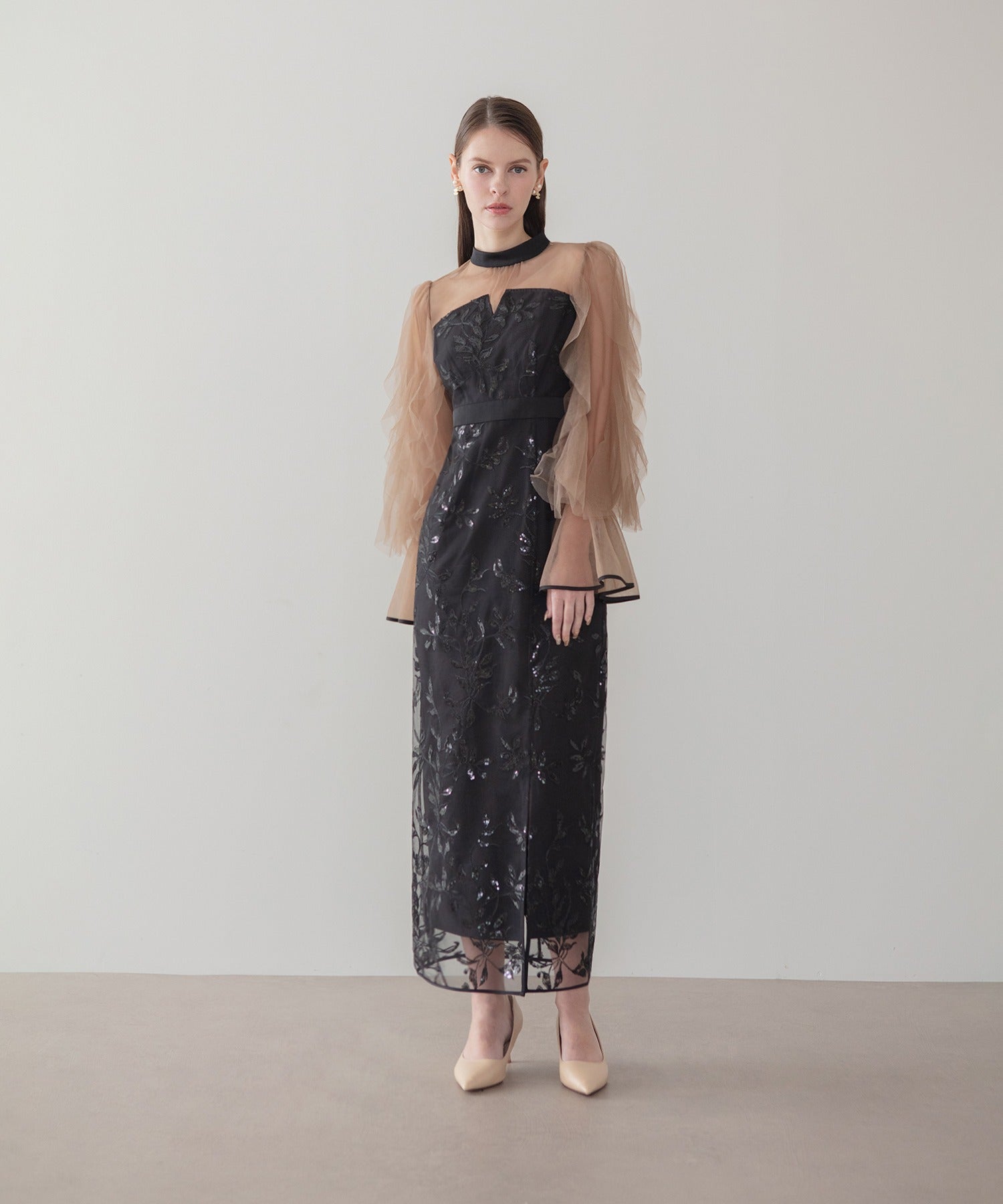 レジャ Leja パイピングチュールシアースリーブスパンコールフラワーIラインワンピースドレス美脚効果結婚式 パーティードレス 成人式 二次会 同窓会 お呼ばれ オケージョン 20代 30代 40代 （BLACK） BLACK