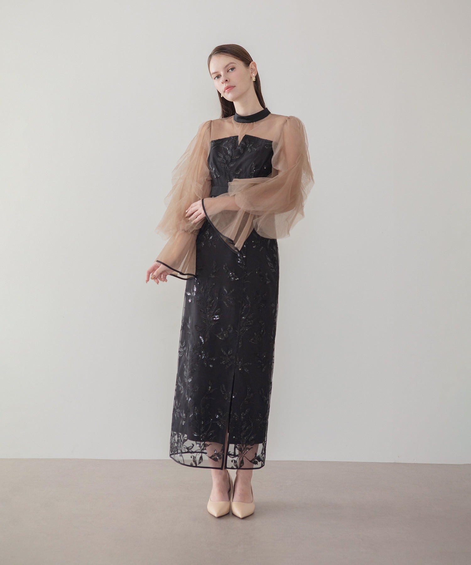 レジャ Leja パイピングチュールシアースリーブスパンコールフラワーIラインワンピースドレス美脚効果結婚式 パーティードレス 成人式 二次会 同窓会 お呼ばれ オケージョン 20代 30代 40代 （BLACK） BLACK