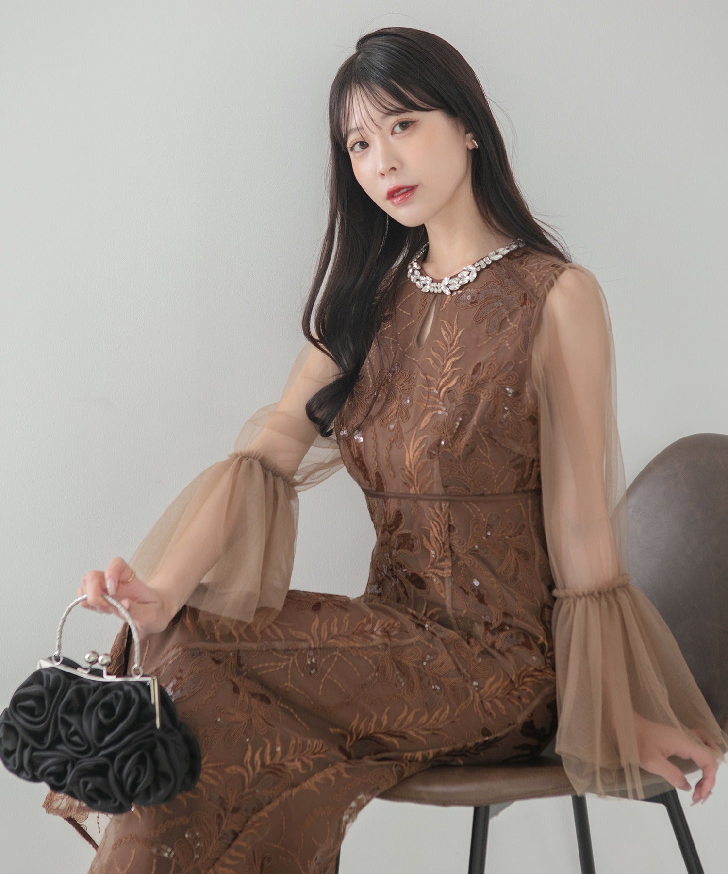 レジャ Leja ビジューネックスパンコールチュールフレアスリーブマーメイドワンピースドレス美脚効果結婚式 パーティードレス 成人式 二次会 同窓会 お呼ばれ オケージョン 20代 30代 40代 （BROWN） BROWN