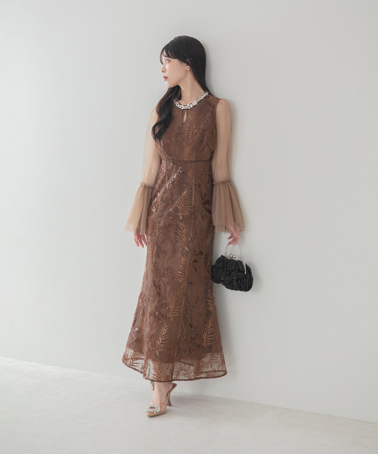 レジャ Leja ビジューネックスパンコールチュールフレアスリーブマーメイドワンピースドレス美脚効果結婚式 パーティードレス 成人式 二次会 同窓会 お呼ばれ オケージョン 20代 30代 40代 （BROWN） BROWN