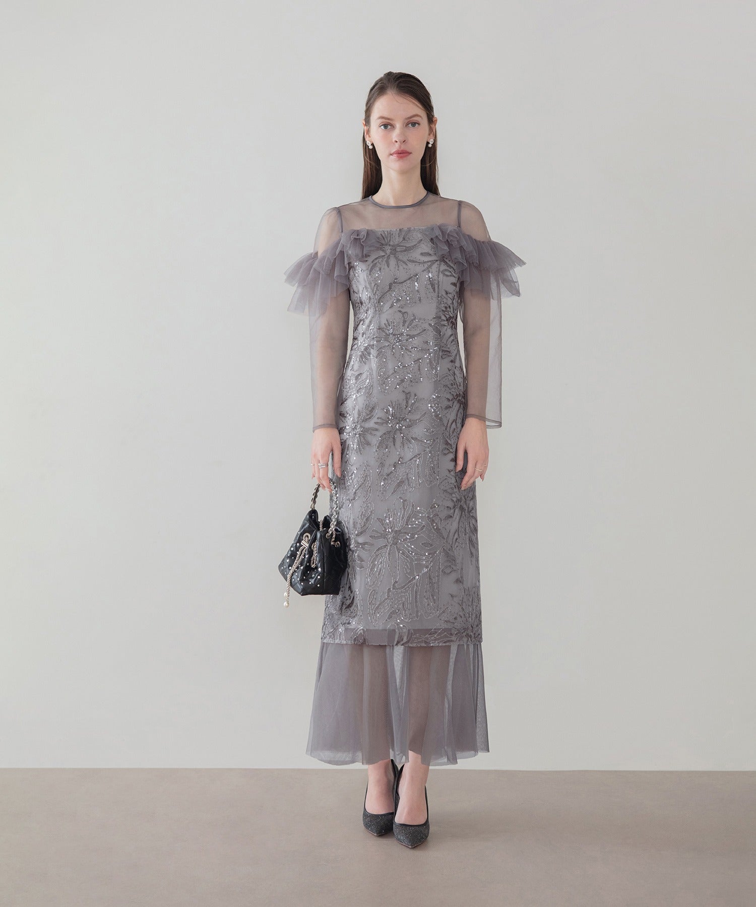 レジャ Leja フラワースパンコールヘムチュールIラインワンピースドレス美脚効果結婚式 パーティードレス 成人式 二次会 同窓会 お呼ばれ オケージョン 20代 30代 40代 （GRAY） GRAY