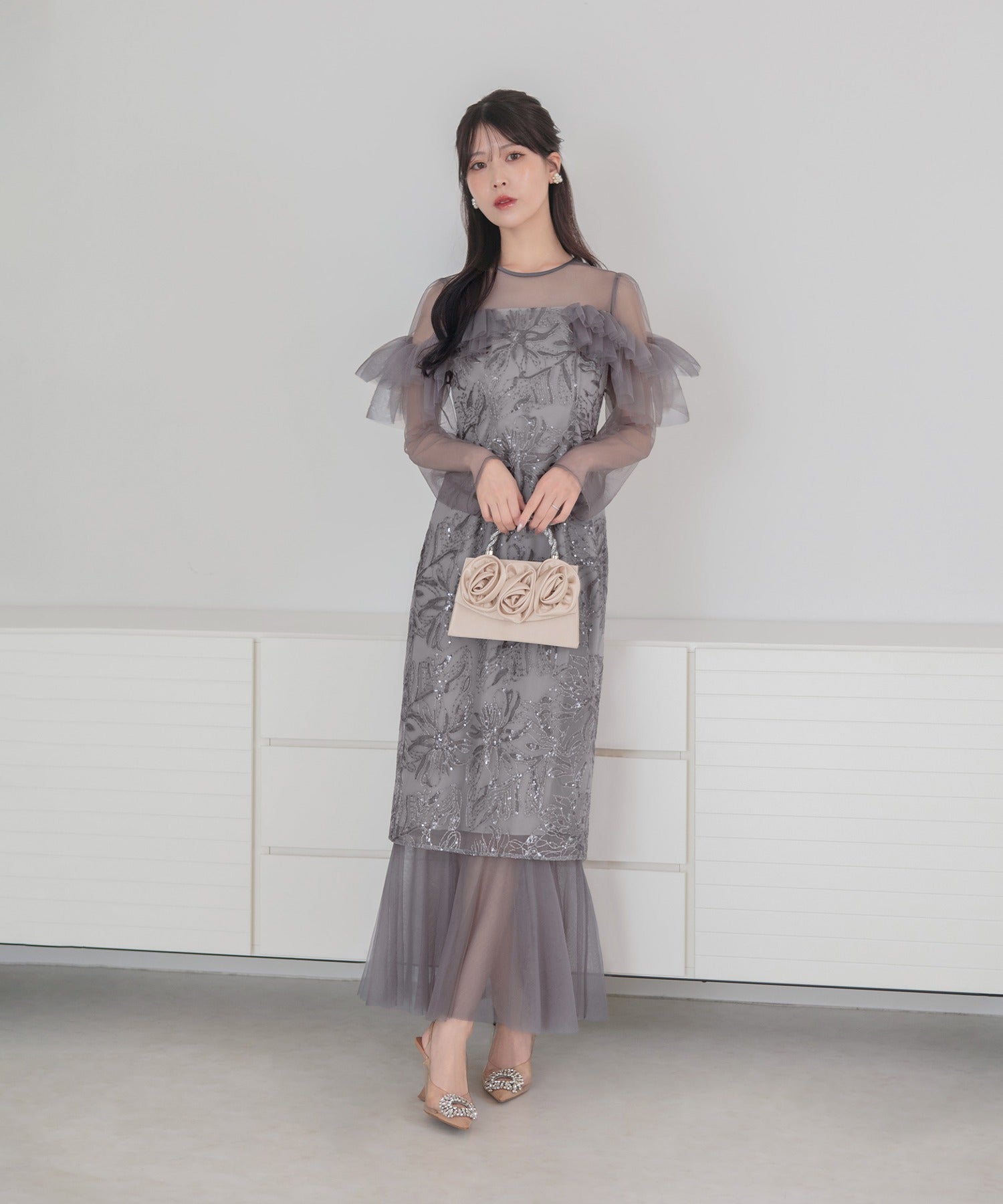レジャ Leja フラワースパンコールヘムチュールIラインワンピースドレス美脚効果結婚式 パーティードレス 成人式 二次会 同窓会 お呼ばれ オケージョン 20代 30代 40代 （GRAY） GRAY