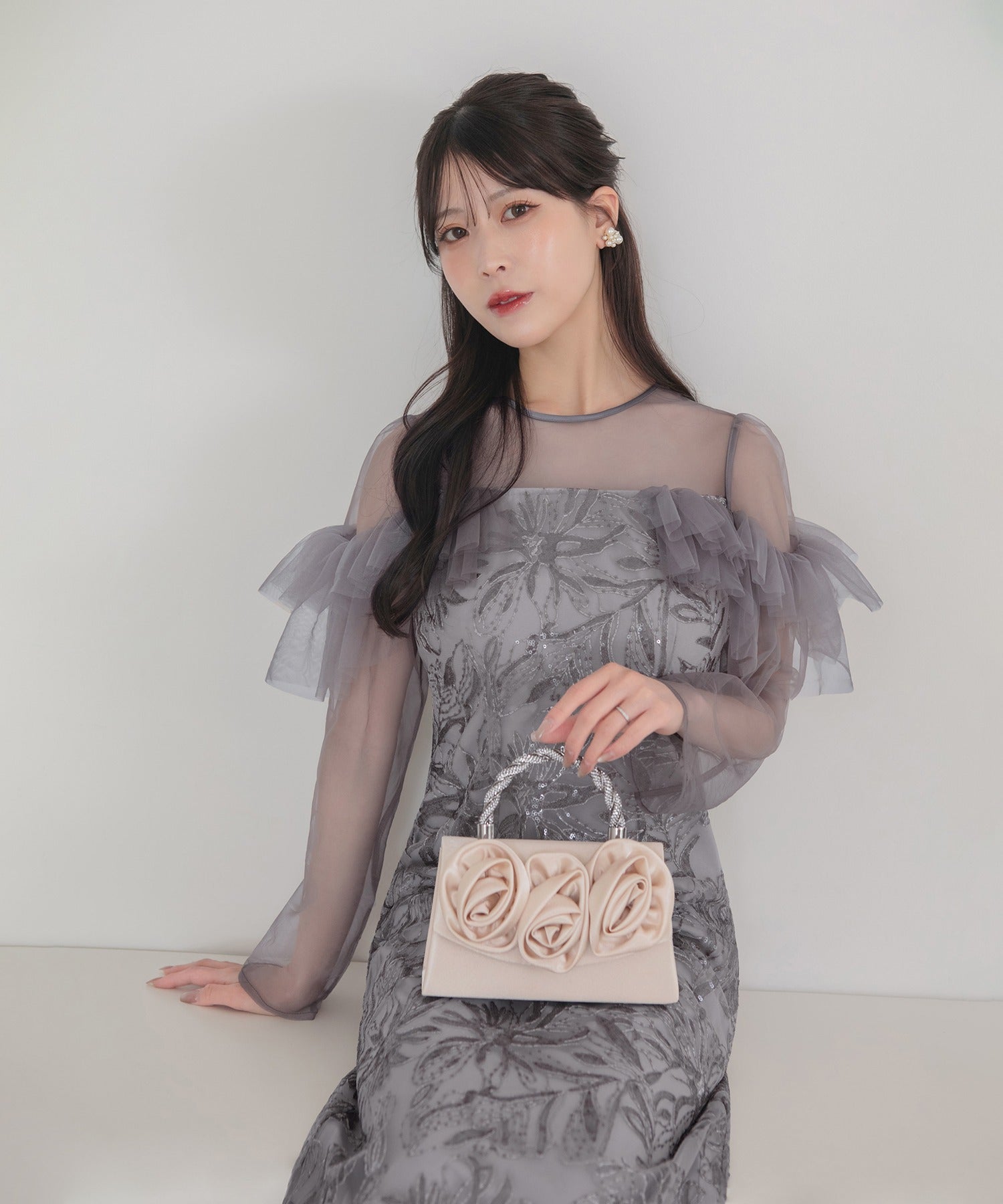 レジャ Leja フラワースパンコールヘムチュールIラインワンピースドレス美脚効果結婚式 パーティードレス 成人式 二次会 同窓会 お呼ばれ オケージョン 20代 30代 40代 （GRAY） GRAY