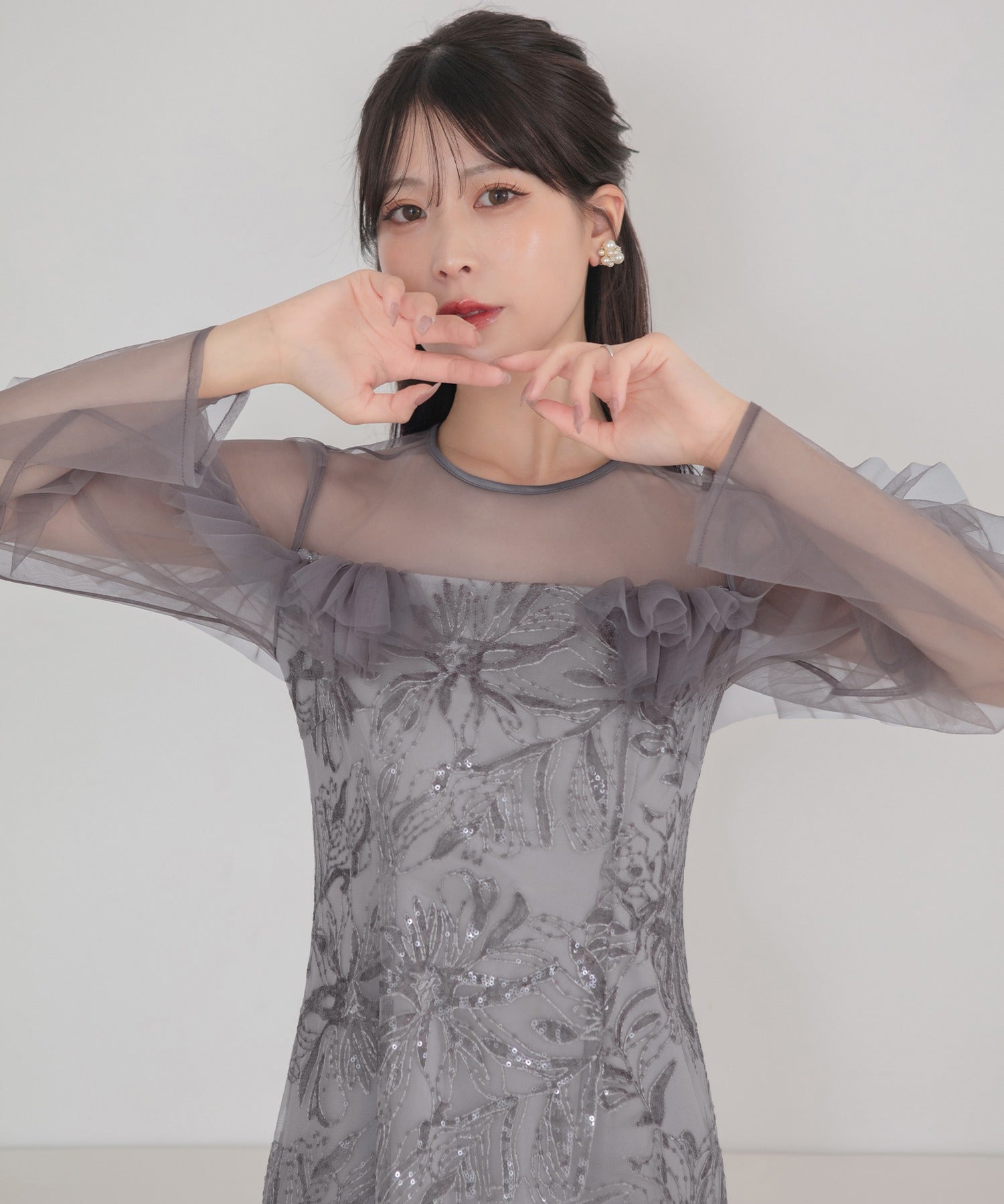 レジャ Leja フラワースパンコールヘムチュールIラインワンピースドレス美脚効果結婚式 パーティードレス 成人式 二次会 同窓会 お呼ばれ オケージョン 20代 30代 40代 （GRAY） GRAY