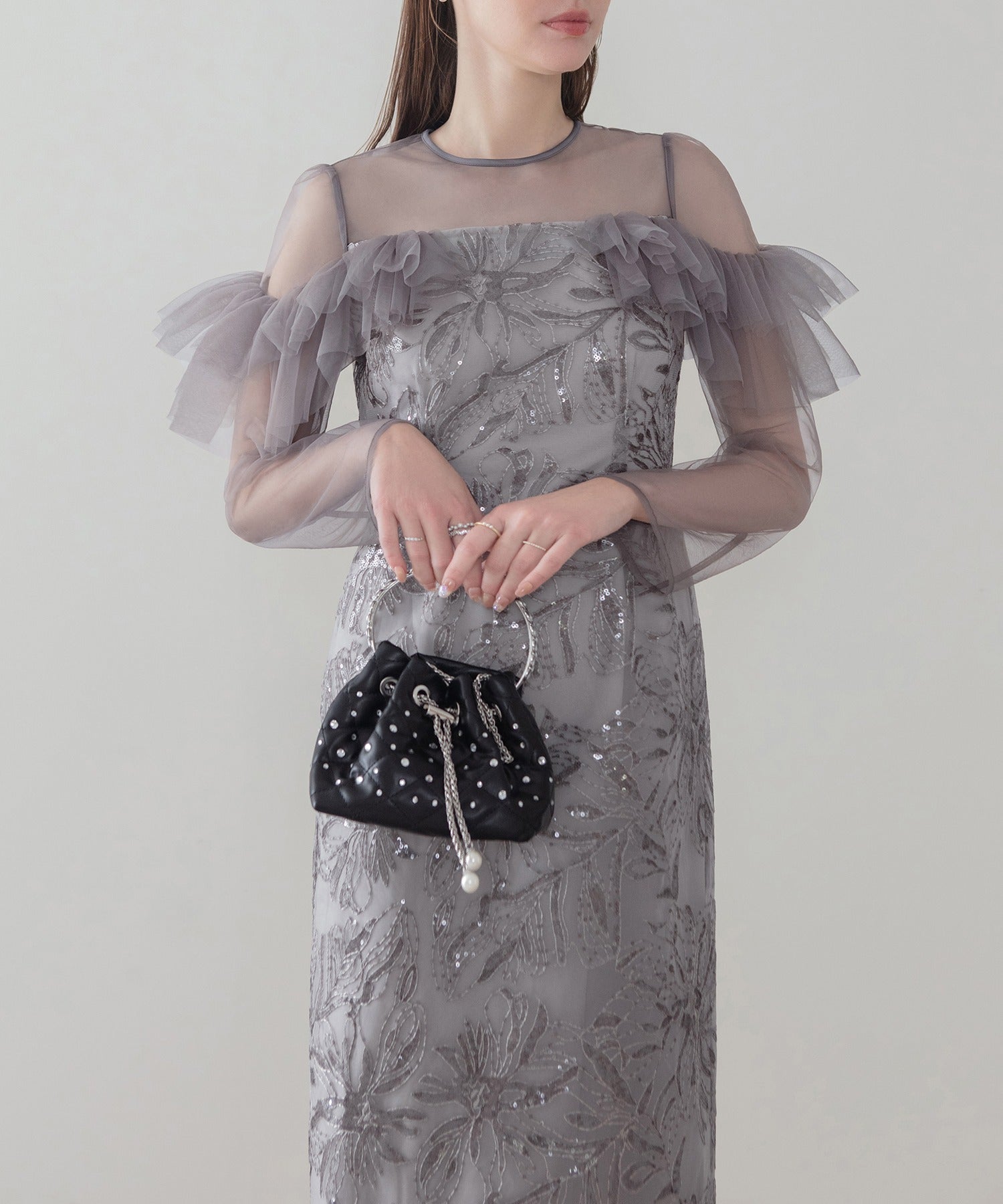 レジャ Leja フラワースパンコールヘムチュールIラインワンピースドレス美脚効果結婚式 パーティードレス 成人式 二次会 同窓会 お呼ばれ オケージョン 20代 30代 40代 （GRAY） GRAY