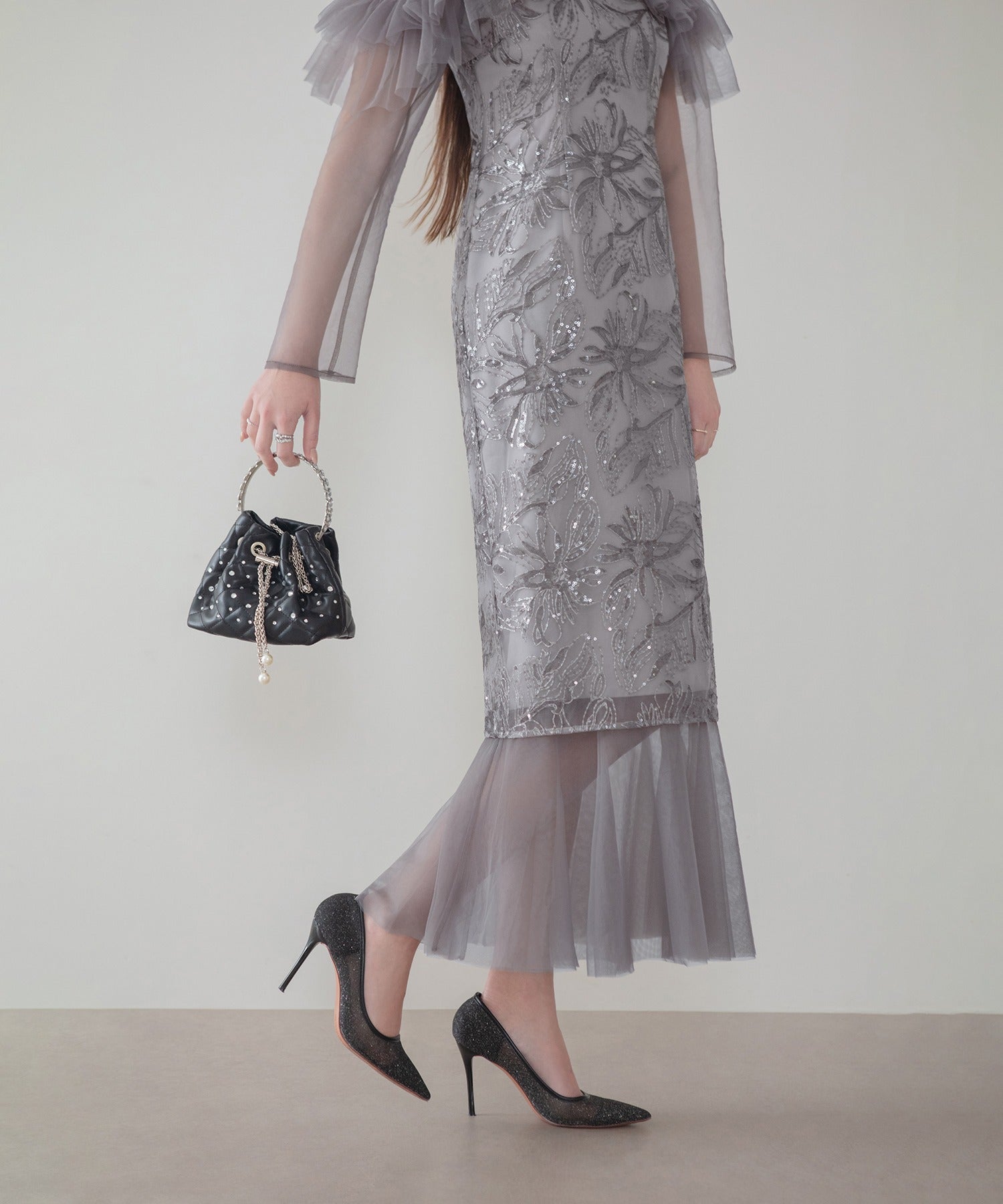 レジャ Leja フラワースパンコールヘムチュールIラインワンピースドレス美脚効果結婚式 パーティードレス 成人式 二次会 同窓会 お呼ばれ オケージョン 20代 30代 40代 （GRAY） GRAY