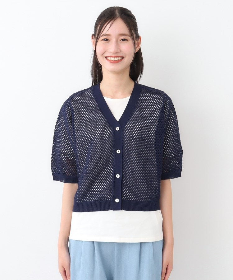 ローラ アシュレイ LAURA ASHLEY 【リネン混／体型カバーにおすすめ】フィッシュネット カーディガン （ネイビー(094)） ネイビー(094)