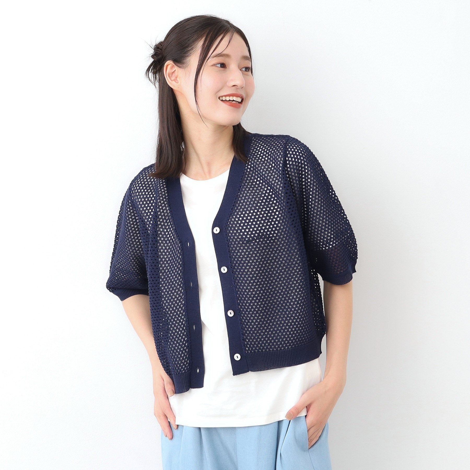 ローラ アシュレイ LAURA ASHLEY 【リネン混／体型カバーにおすすめ】フィッシュネット カーディガン （ネイビー(094)） ネイビー(094)