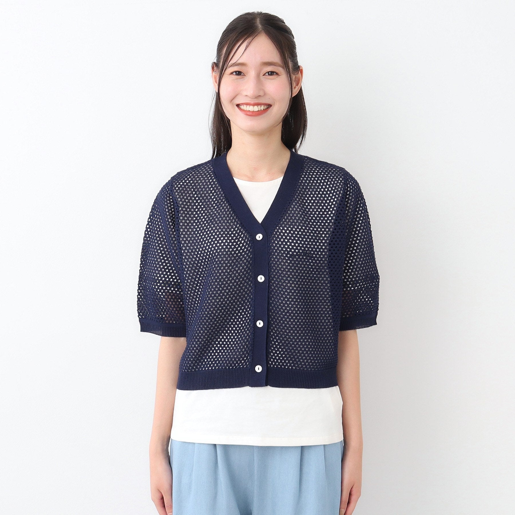 ローラ アシュレイ LAURA ASHLEY 【リネン混／体型カバーにおすすめ】フィッシュネット カーディガン （ネイビー(094)） ネイビー(094)