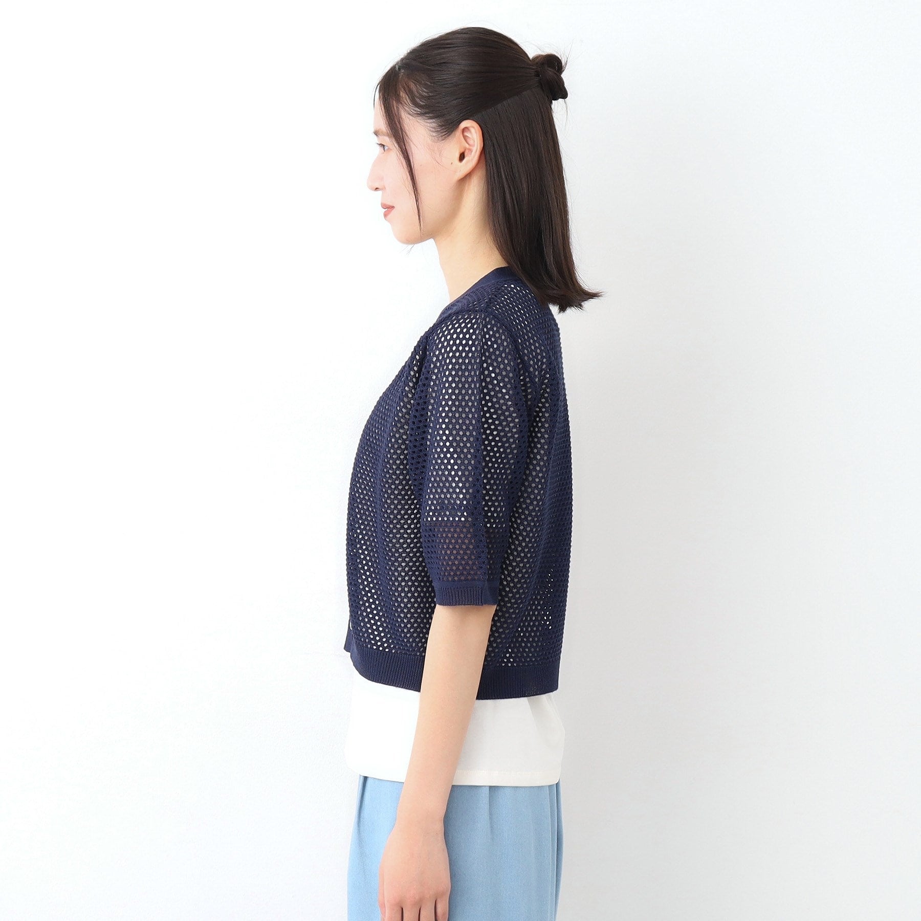 ローラ アシュレイ LAURA ASHLEY 【リネン混／体型カバーにおすすめ】フィッシュネット カーディガン （ネイビー(094)） ネイビー(094)