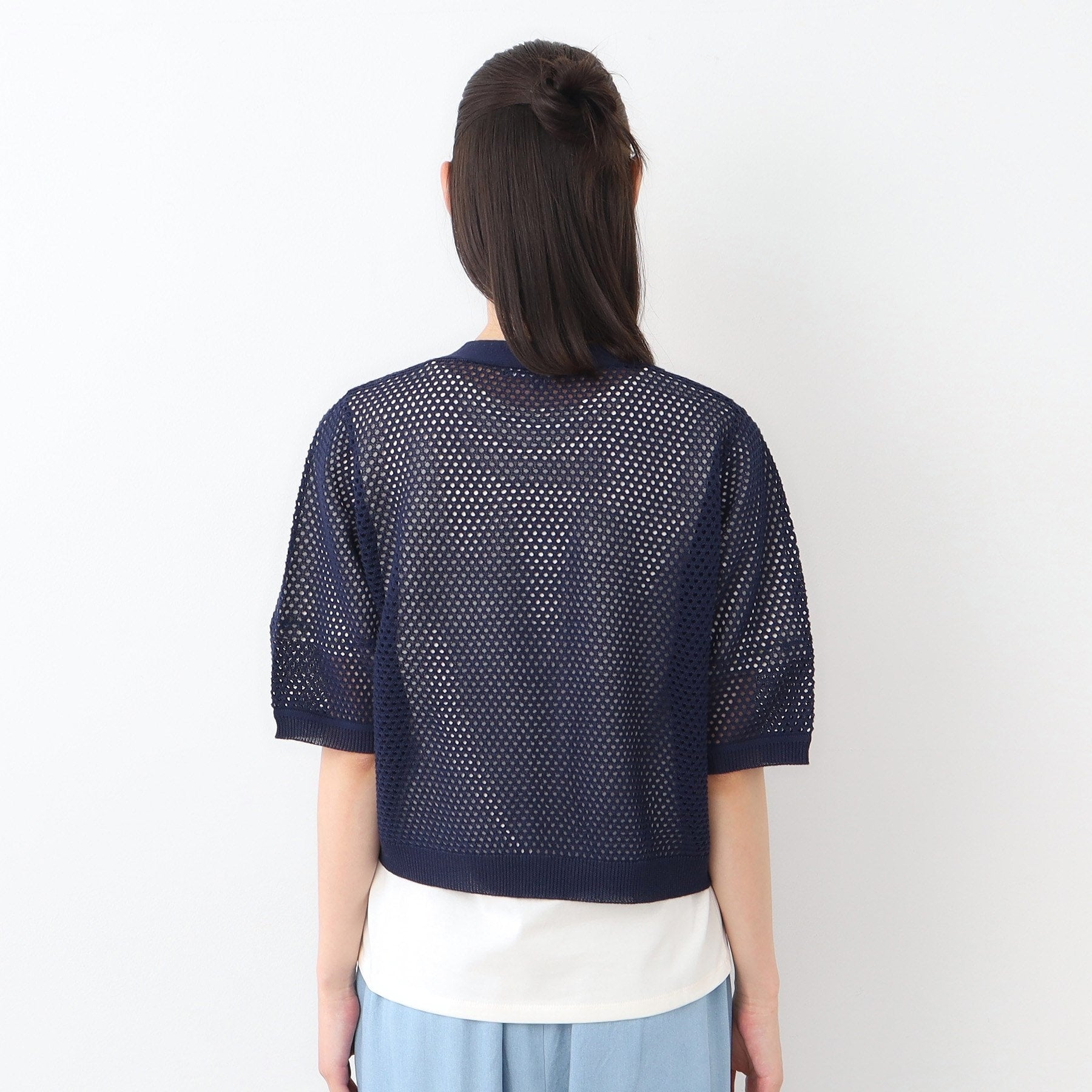 ローラ アシュレイ LAURA ASHLEY 【リネン混／体型カバーにおすすめ】フィッシュネット カーディガン （ネイビー(094)） ネイビー(094)