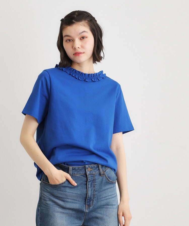 ローラ アシュレイ LAURA ASHLEY 【前後2WAY／洗える／コットン100％／日本製／定番人気！】フリルネックカットソー （ブルー(092)） ブルー(092)