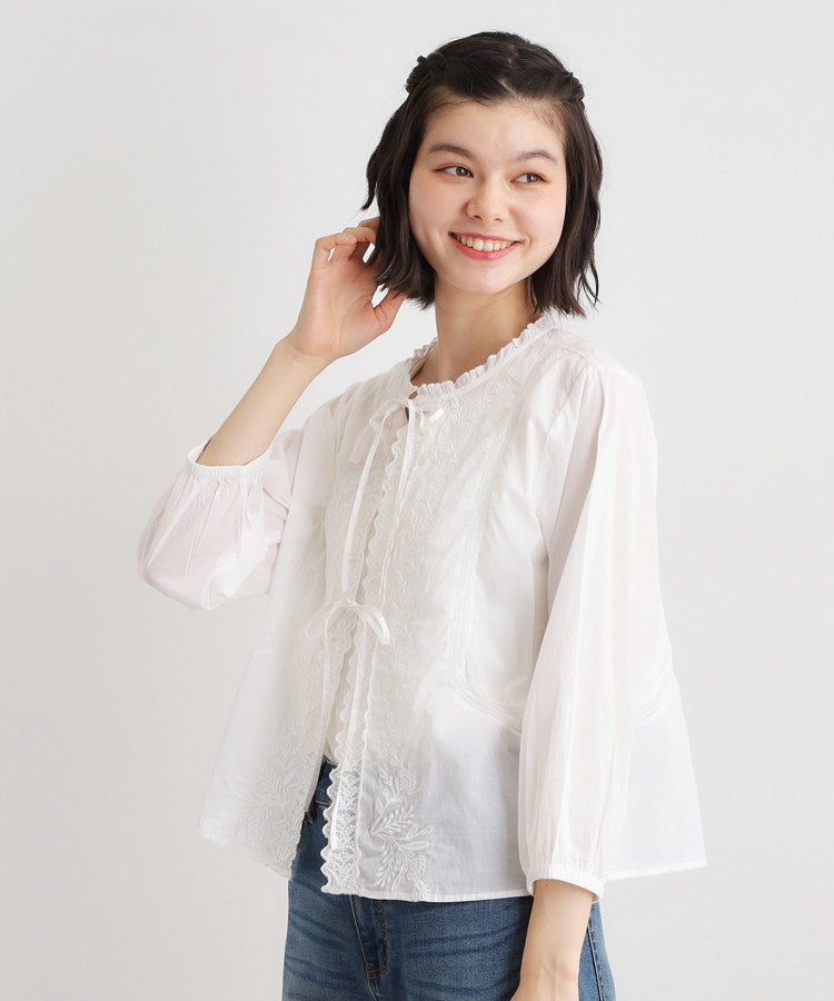 ローラ アシュレイ LAURA ASHLEY 【インド製／コットン100％】リボン＆レースブラウス （オフホワイト(003)） オフホワイト(003)