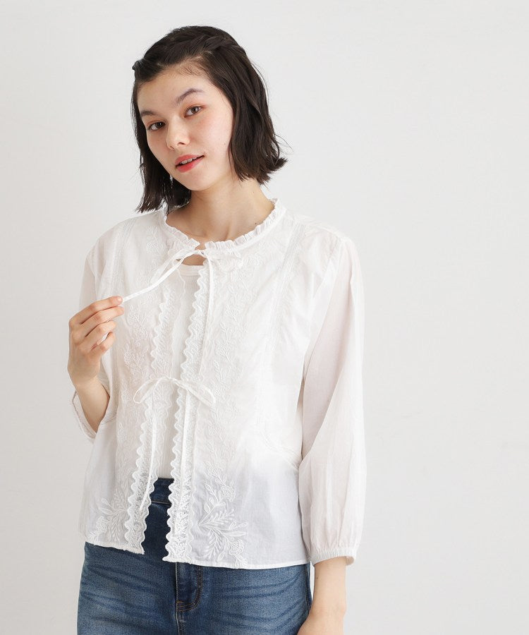ローラ アシュレイ LAURA ASHLEY 【インド製／コットン100％】リボン＆レースブラウス （オフホワイト(003)） オフホワイト(003)