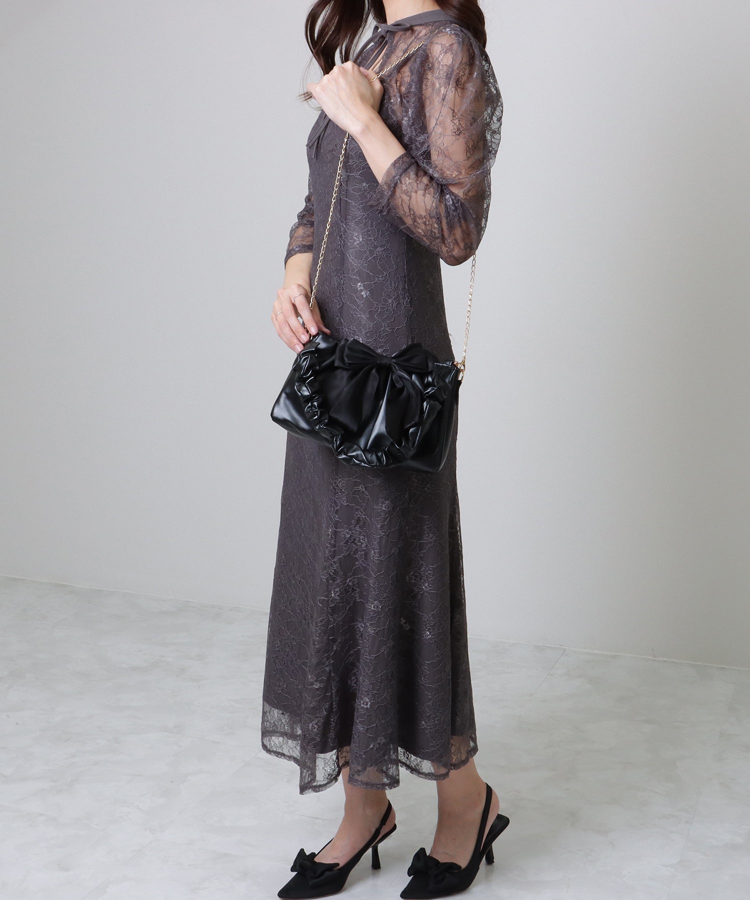 レースレディース Lace Ladies チェーン付き 2WAY ビッグリボン ギャザー ショルダーバッグ （ブラック） ブラック