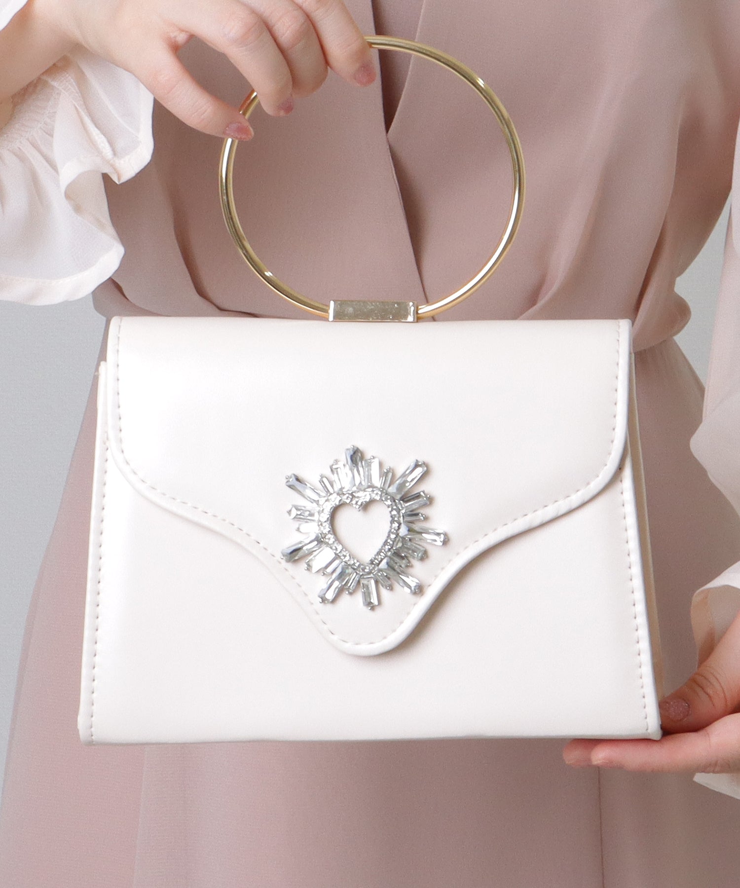 レースレディース Lace Ladies ハート ビジュー付き リング ハンドル コンパクト ハンドバッグ （ブラック） ブラック