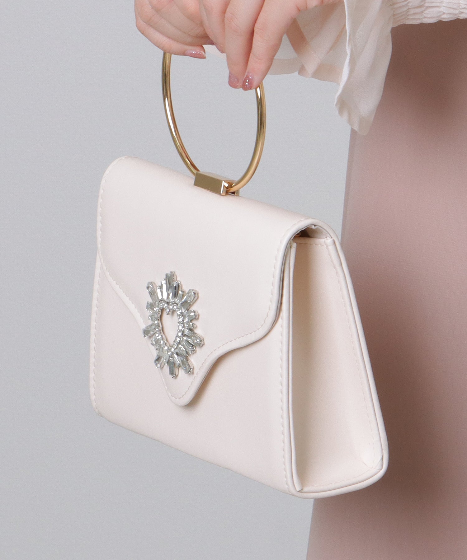 レースレディース Lace Ladies ハート ビジュー付き リング ハンドル コンパクト ハンドバッグ （ブラック） ブラック