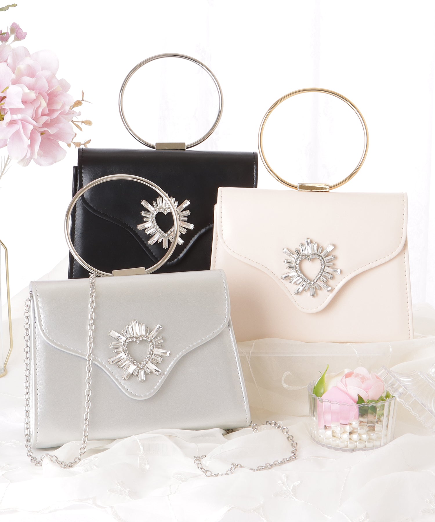 レースレディース Lace Ladies ハート ビジュー付き リング ハンドル コンパクト ハンドバッグ （ブラック） ブラック