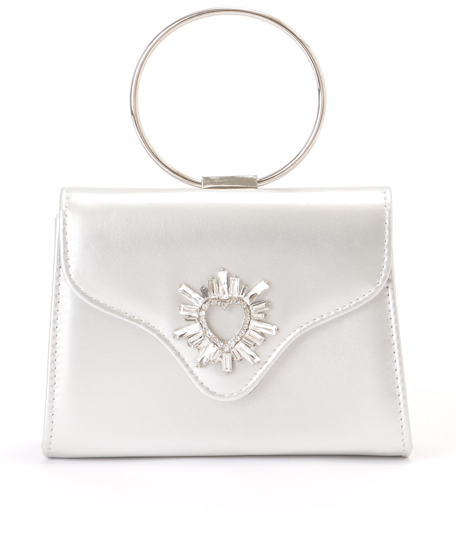レースレディース Lace Ladies ハート ビジュー付き リング ハンドル コンパクト ハンドバッグ （シルバー） シルバー