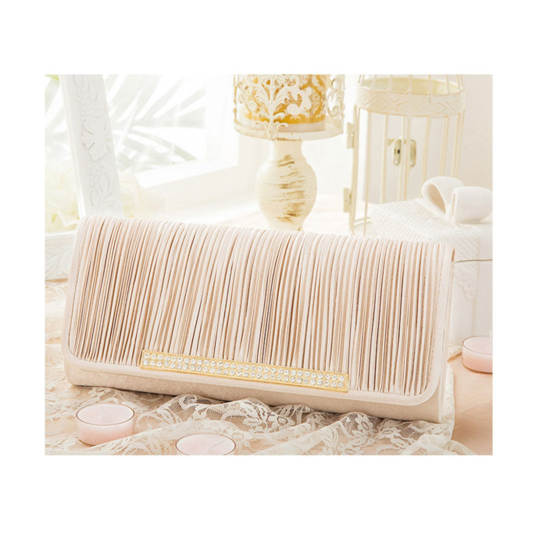 レースレディース Lace Ladies サテンプリーツ＆ラインストーン付き2WAYクラッチバッグ,ベージュ