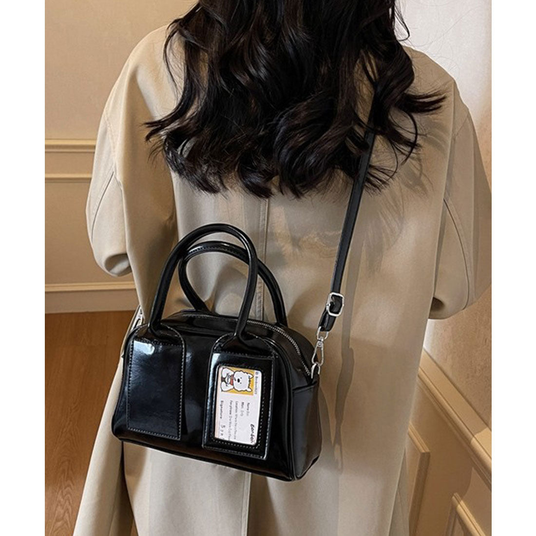 レースレディース Lace Ladies パスポケット付き レザー調 2WAY ボストン トートバッグ （ブラック） ブラック