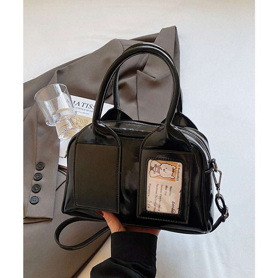 レースレディース Lace Ladies パスポケット付き レザー調 2WAY ボストン トートバッグ （ブラック） ブラック