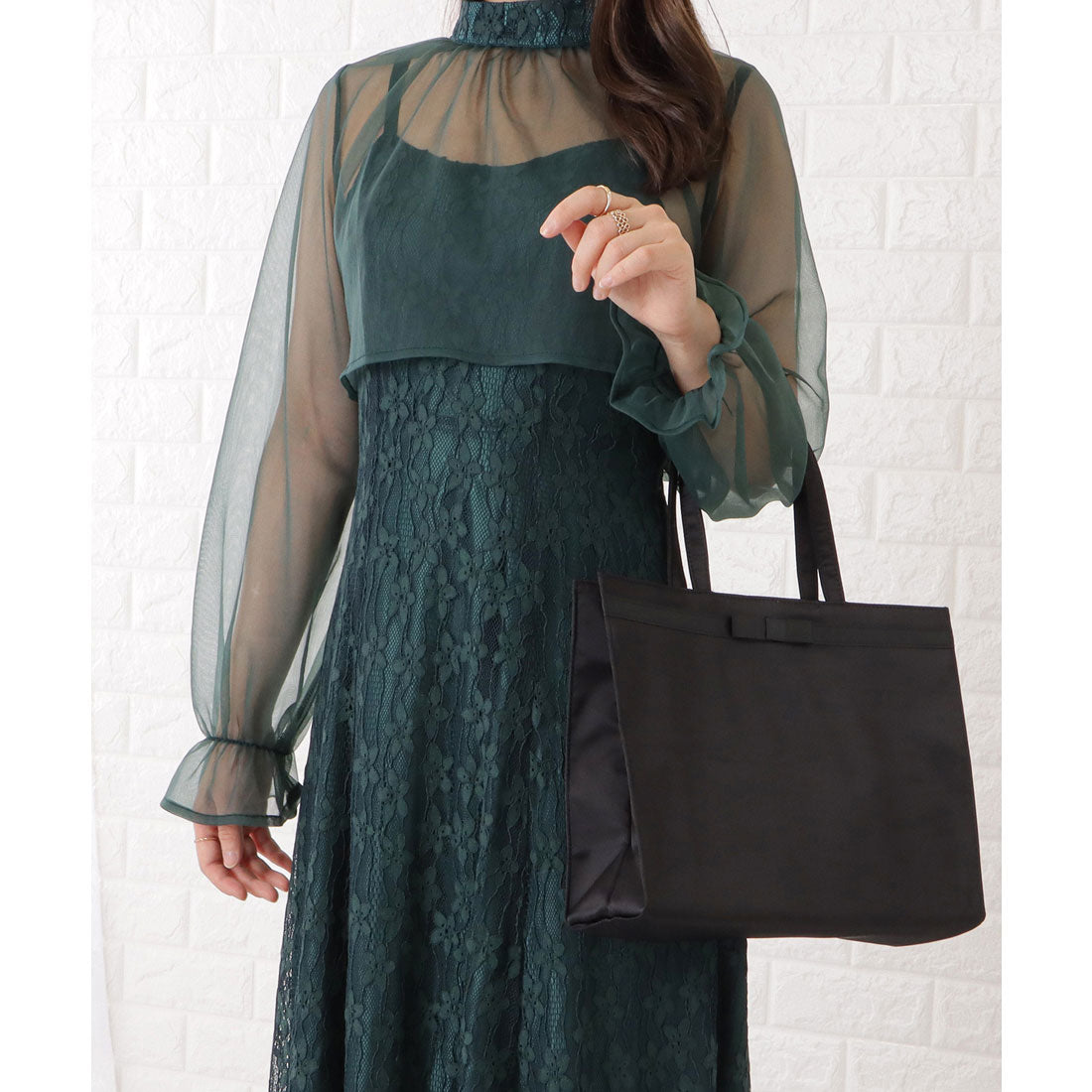 レースレディース Lace Ladies グログランリボン付きブラックトートバッグ