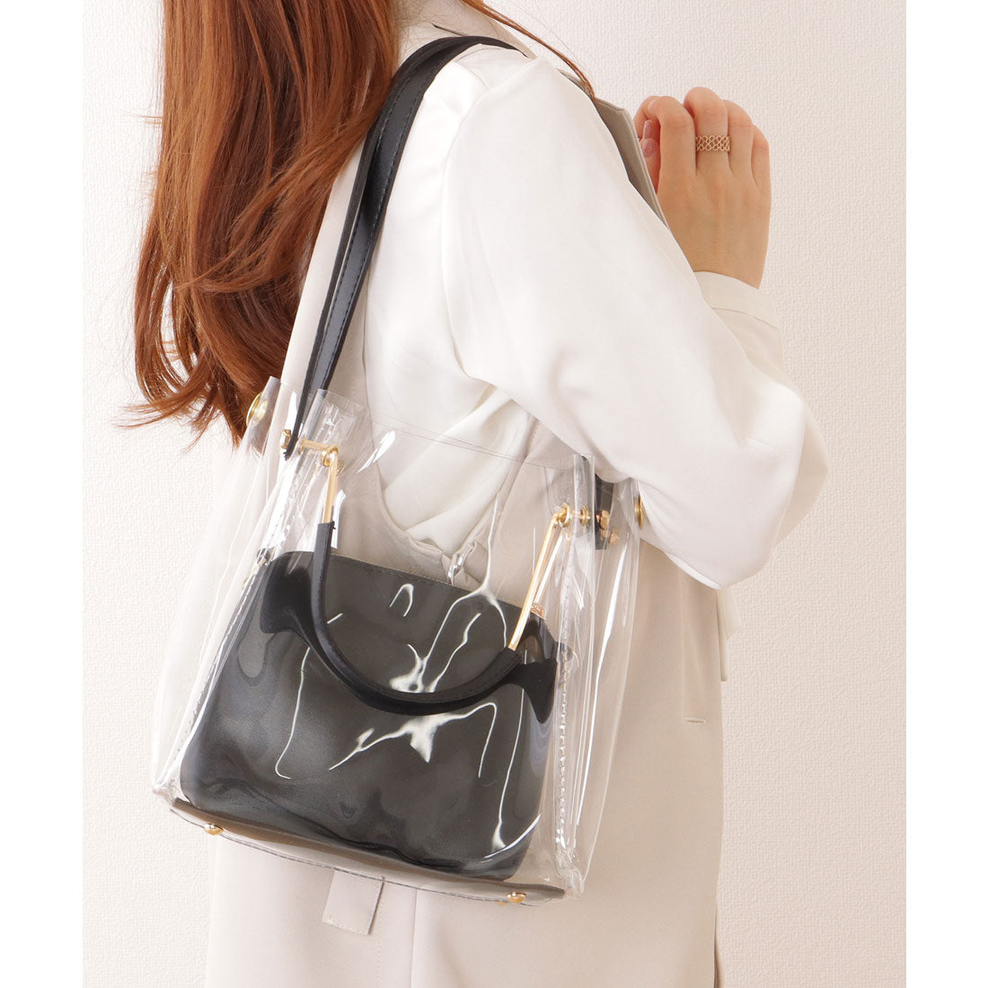 レースレディース Lace Ladies 2WAY レザー調 スクエア ショルダー ハンド クリア バッグ セット （ブラック） ブラック