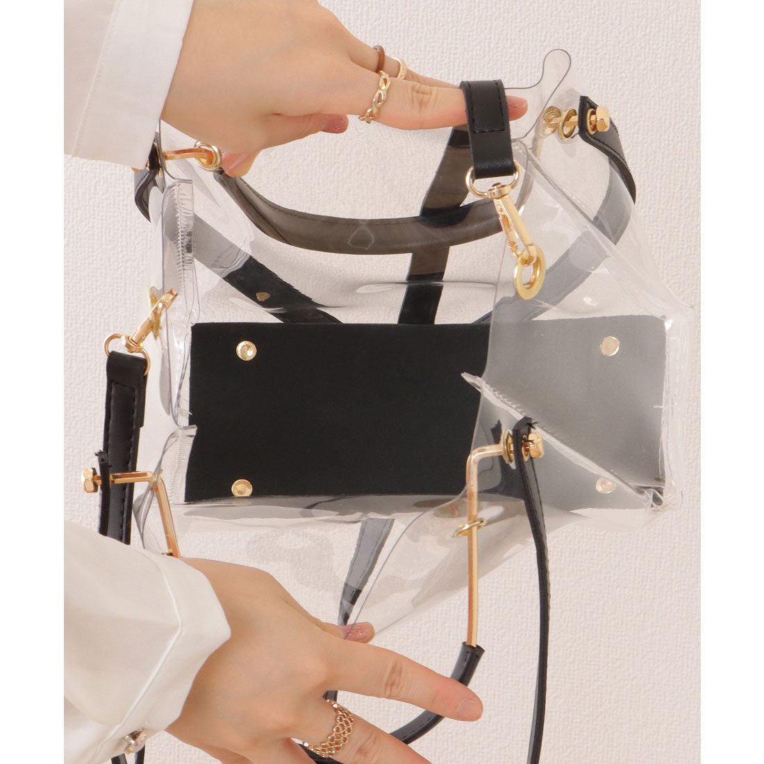 レースレディース Lace Ladies 2WAY レザー調 スクエア ショルダー ハンド クリア バッグ セット （ブラック） ブラック
