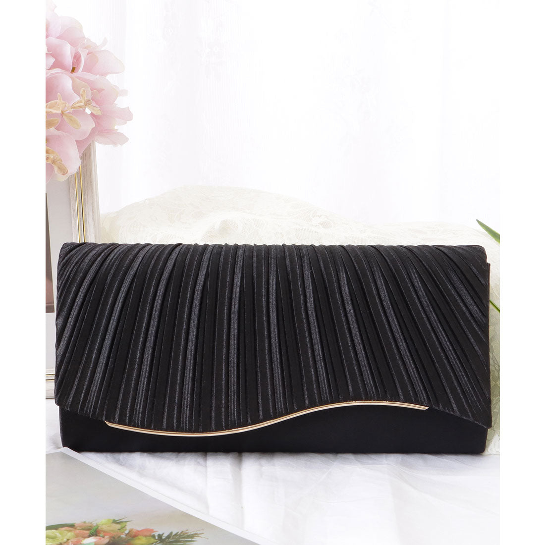 レースレディース Lace Ladies ウエーブ フラップ スクエア パーティー バッグ （ブラック） ブラック