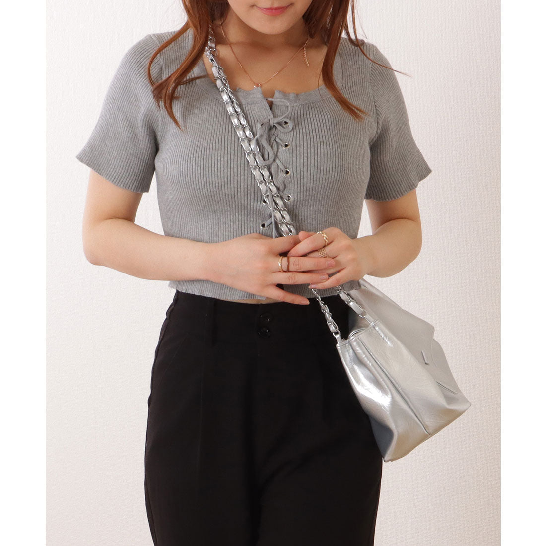レースレディース Lace Ladies チェーンストラップ付き フェイクレザー フラップ ショルダー バッグ （シルバー） シルバー