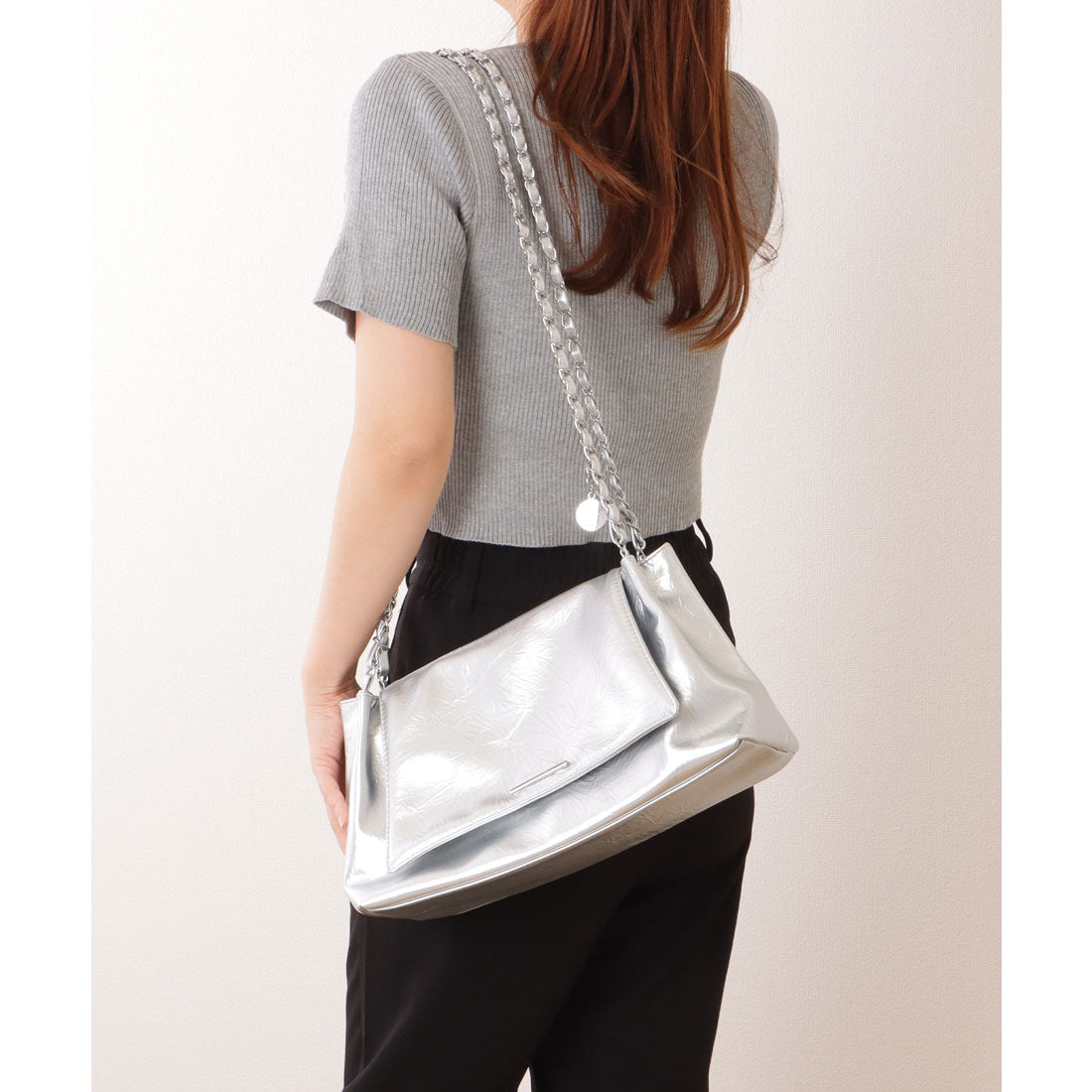 レースレディース Lace Ladies チェーンストラップ付き フェイクレザー フラップ ショルダー バッグ （シルバー） シルバー