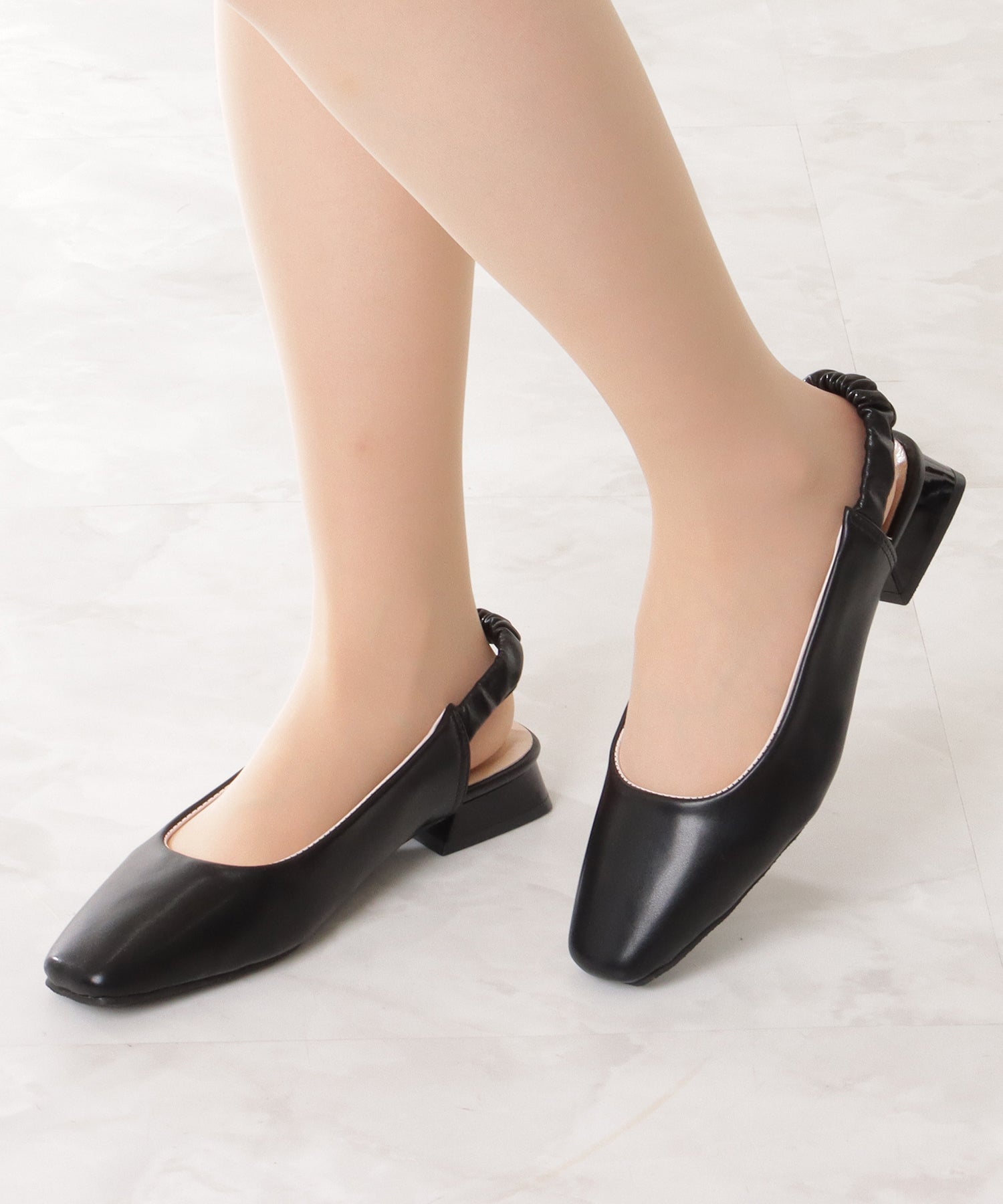 レースレディース Lace Ladies レザー調 スクエアトゥ バックオープン ストラップ パンプス （ブラック） ブラック