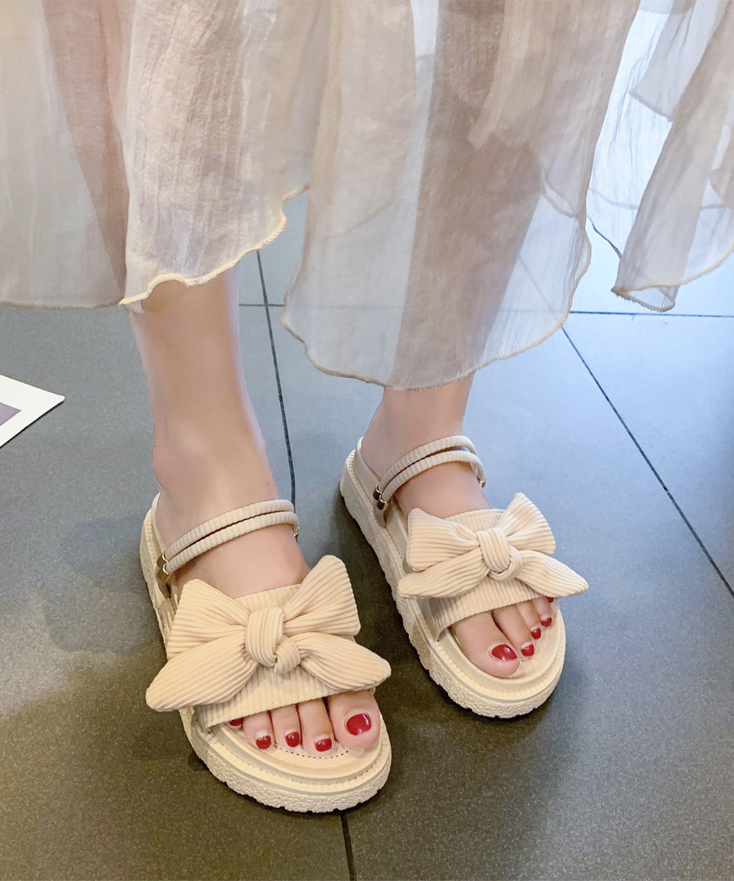 レースレディース Lace Ladies コーデュロイ リボン コンフォート フラット サンダル （グリーン） グリーン