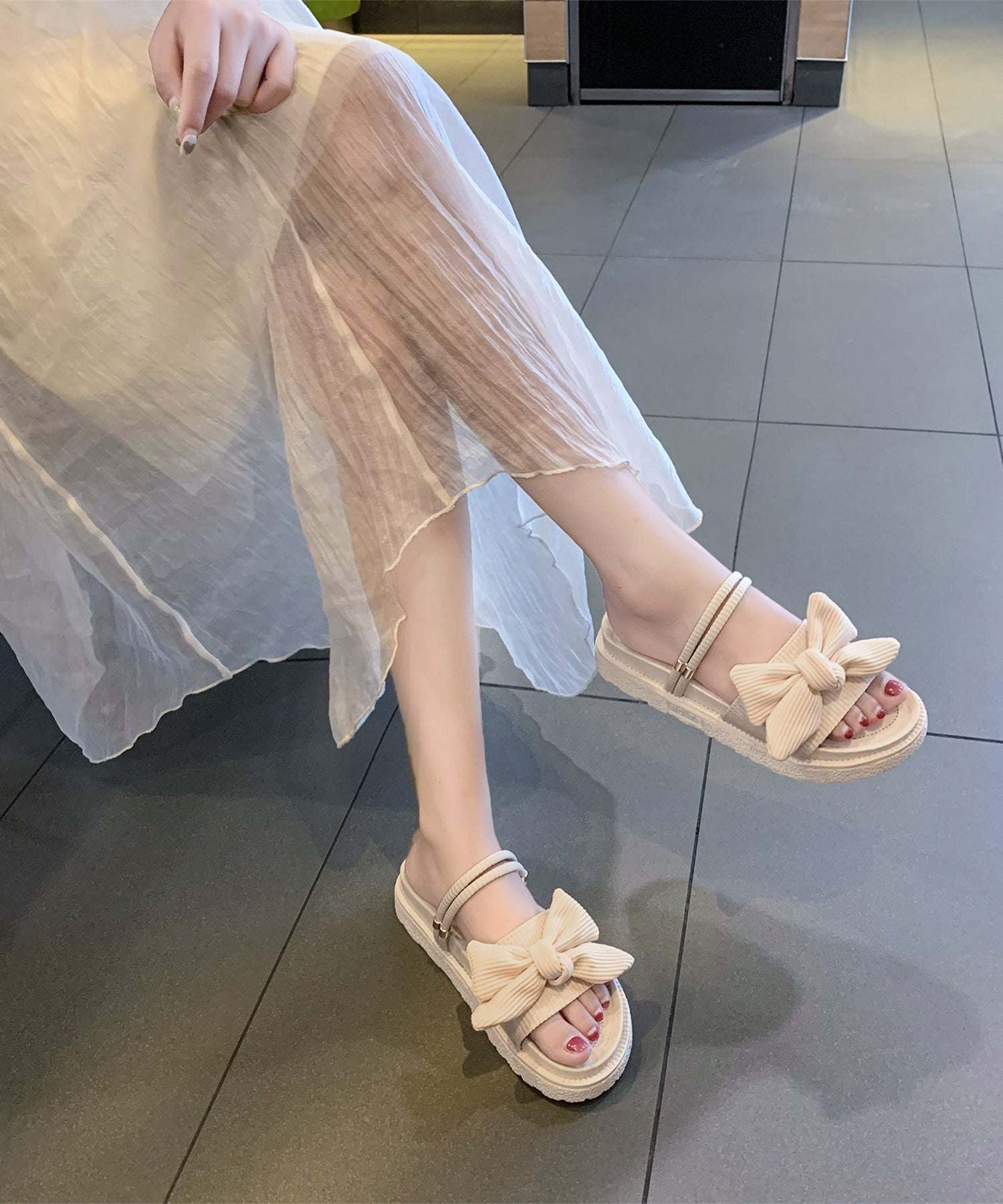 レースレディース Lace Ladies コーデュロイ リボン コンフォート フラット サンダル （グリーン） グリーン