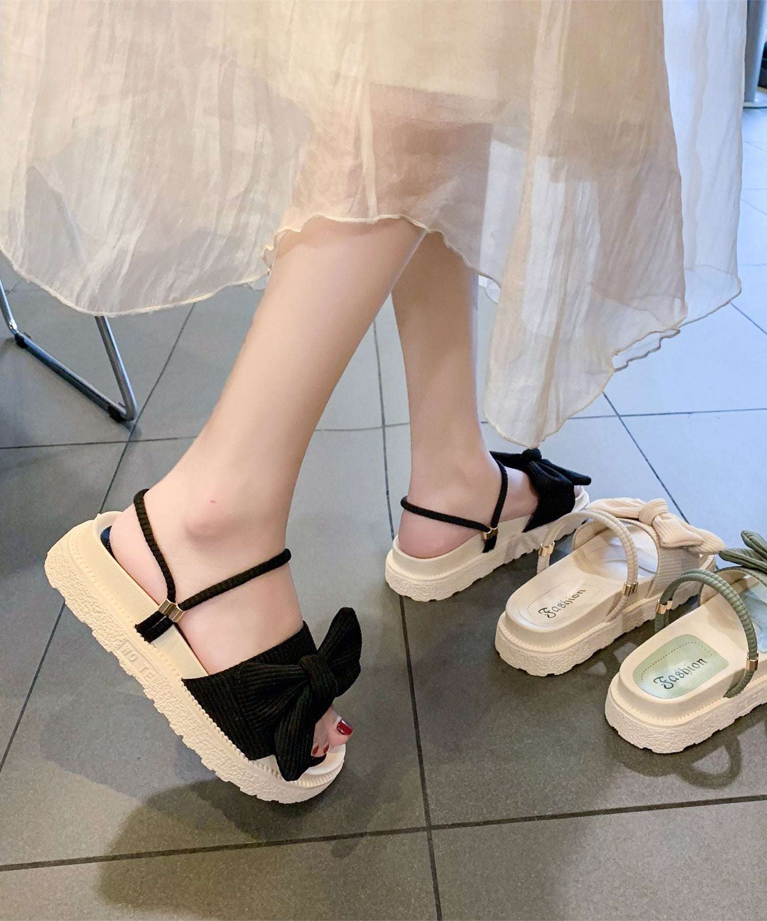レースレディース Lace Ladies コーデュロイ リボン コンフォート フラット サンダル （グリーン） グリーン