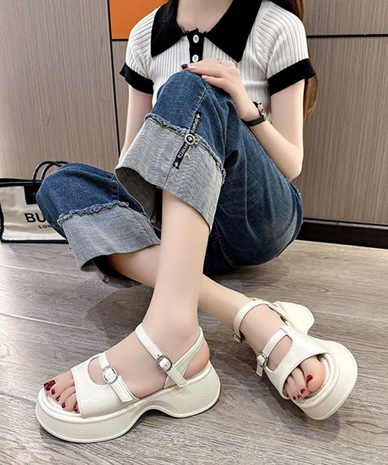 レースレディース Lace Ladies ソリッドカラー オープントゥ 厚底 ストラップ サンダル （ブラック） ブラック