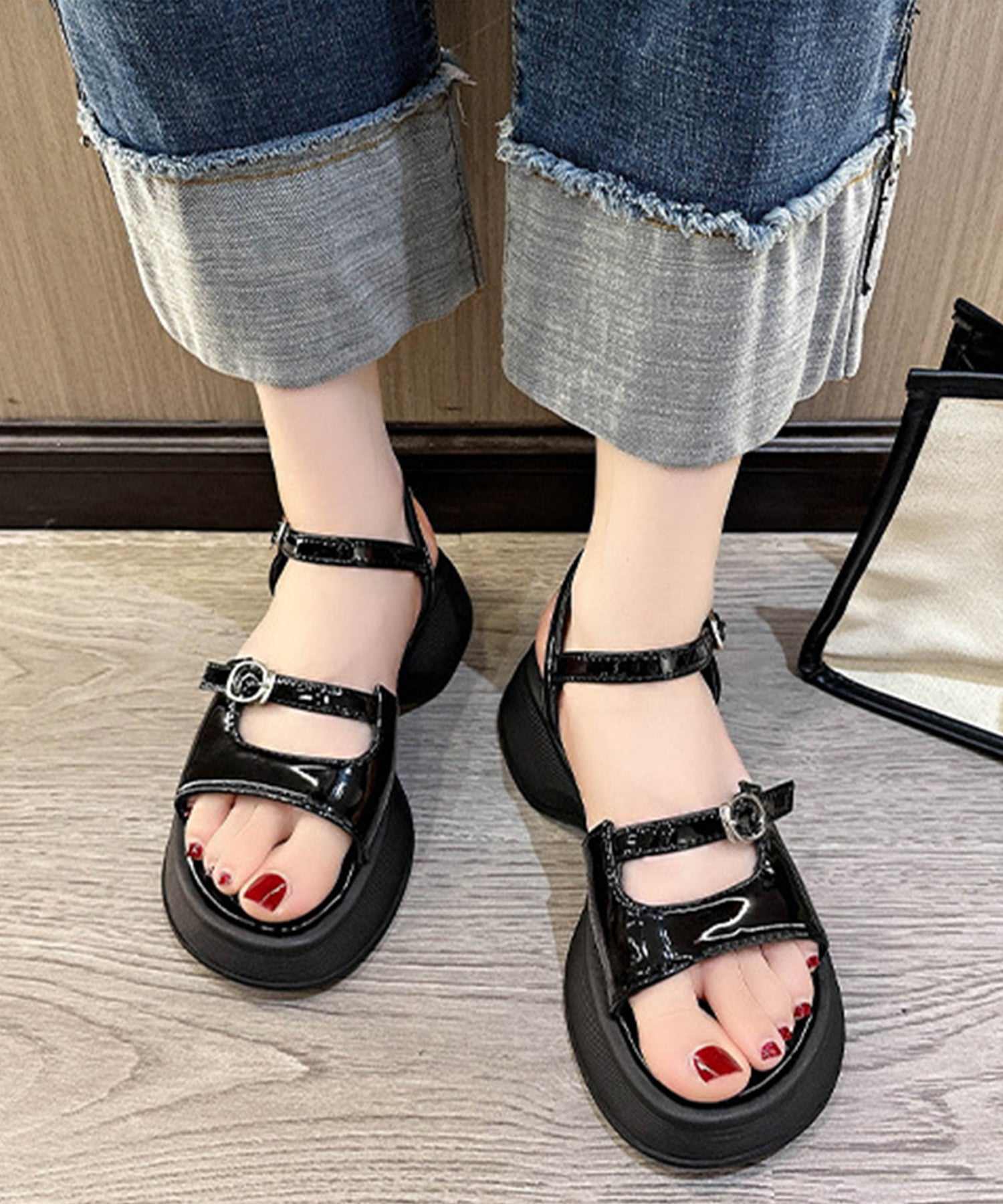 レースレディース Lace Ladies ソリッドカラー オープントゥ 厚底 ストラップ サンダル （ブラック） ブラック