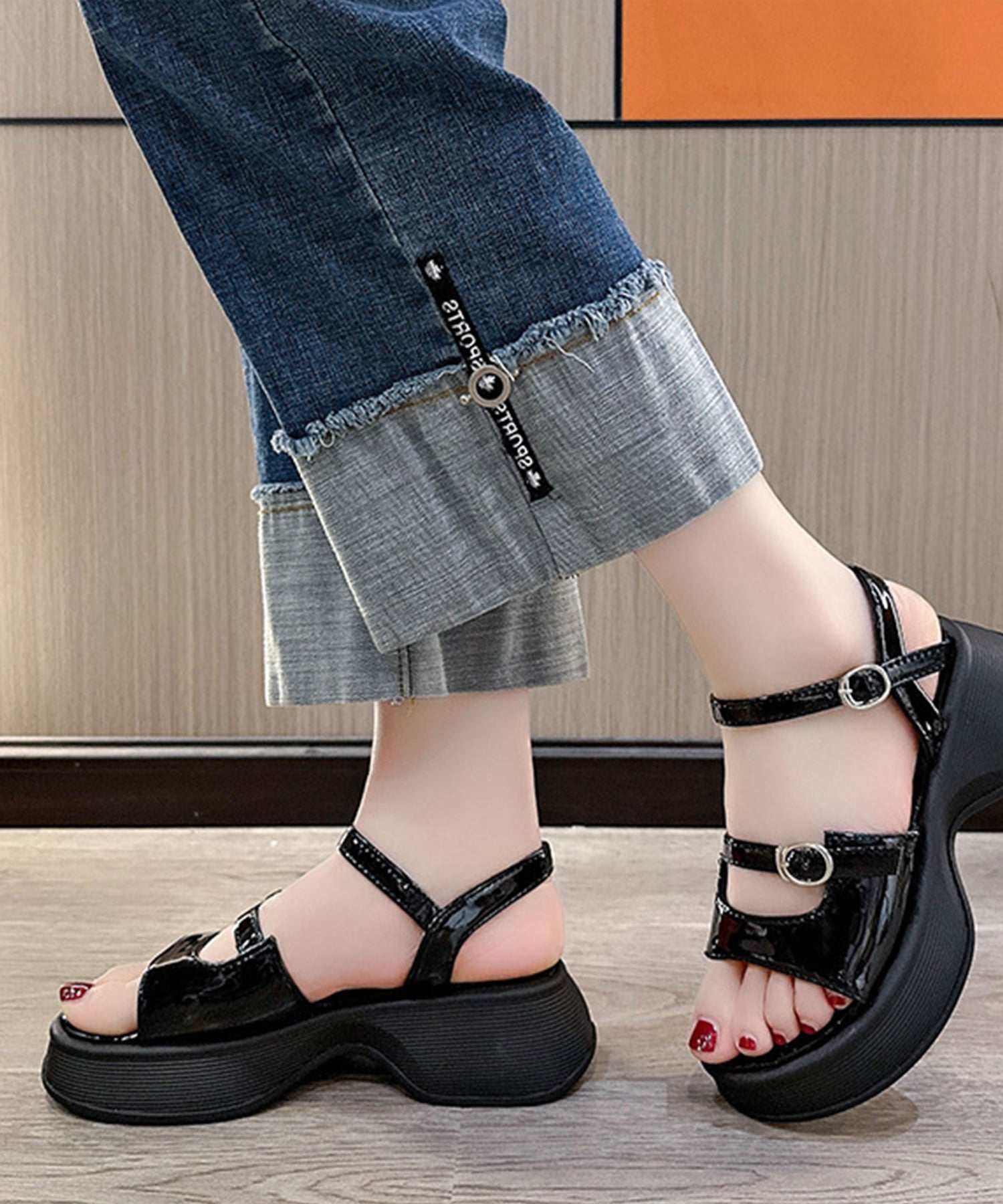 レースレディース Lace Ladies ソリッドカラー オープントゥ 厚底 ストラップ サンダル （ブラック） ブラック