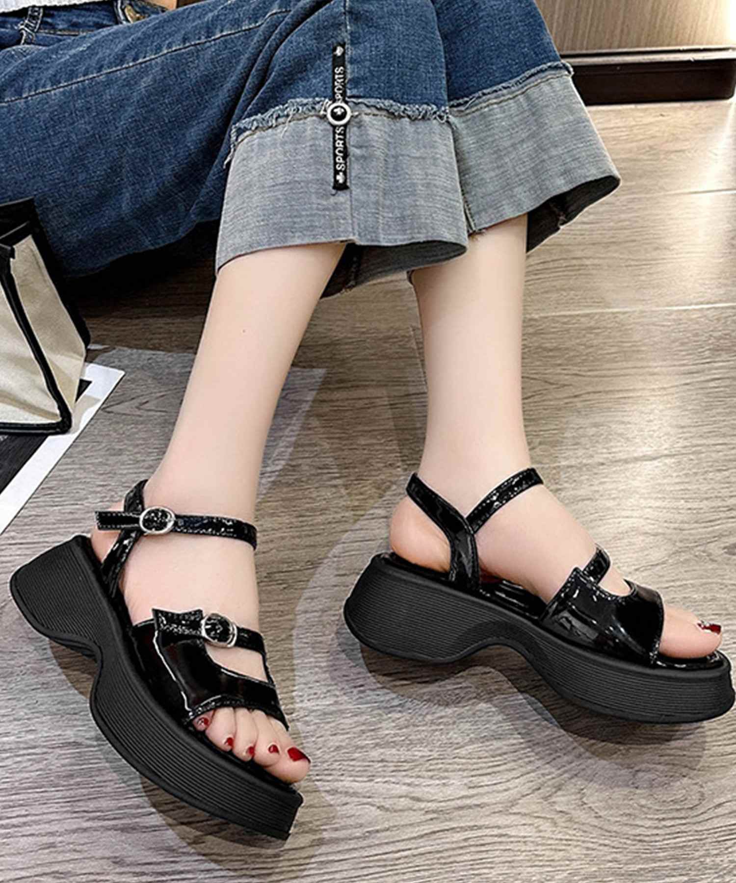 レースレディース Lace Ladies ソリッドカラー オープントゥ 厚底 ストラップ サンダル （ブラック） ブラック