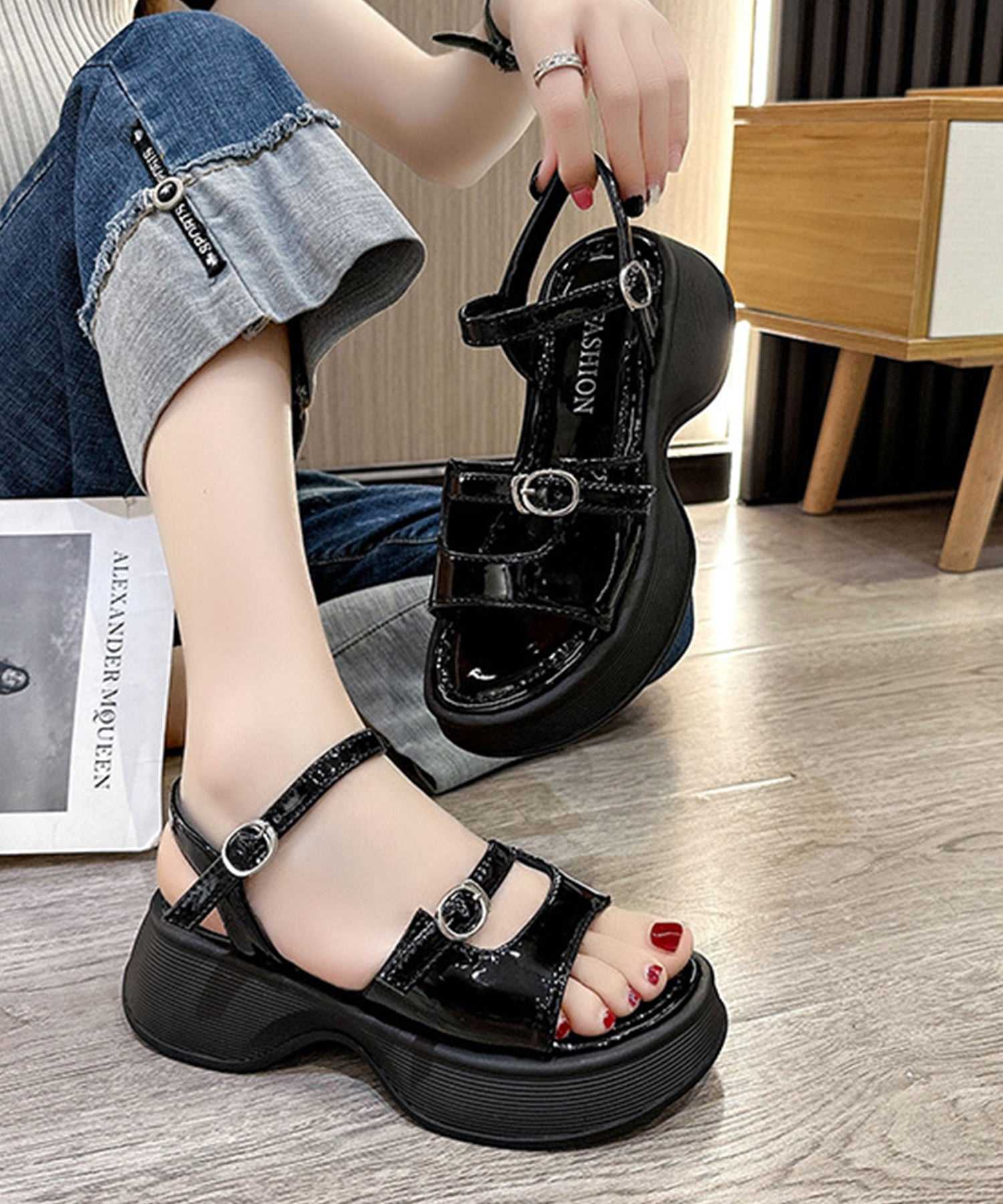 レースレディース Lace Ladies ソリッドカラー オープントゥ 厚底 ストラップ サンダル （ブラック） ブラック