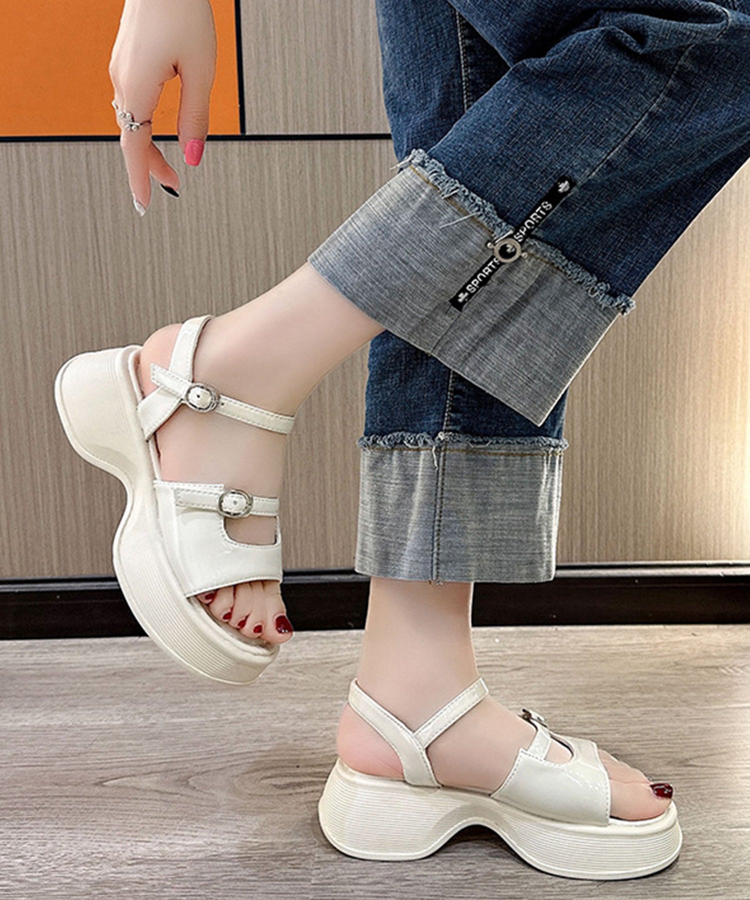 レースレディース Lace Ladies ソリッドカラー オープントゥ 厚底 ストラップ サンダル （アイボリー） アイボリー