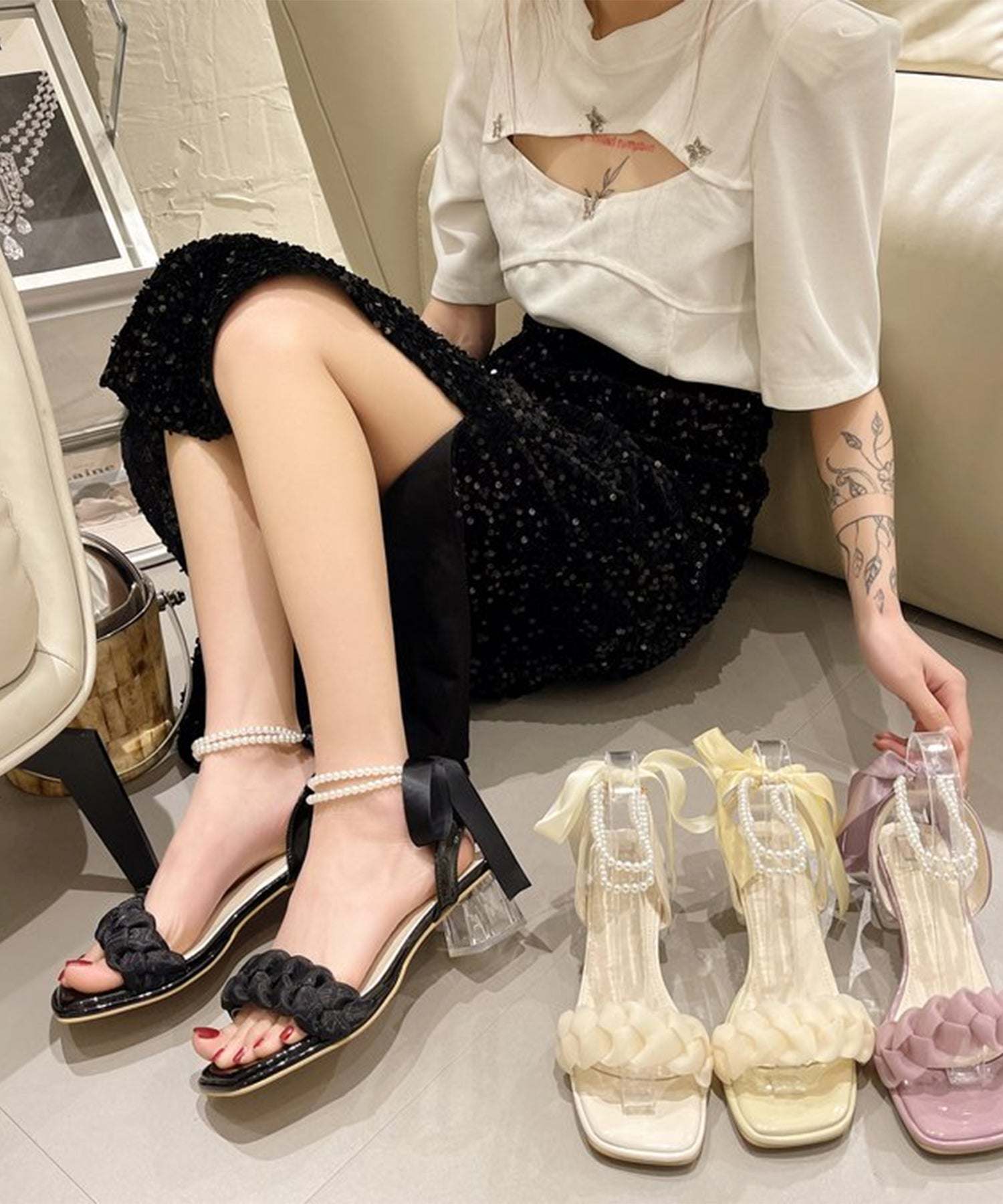 レースレディース Lace Ladies クリアソール パールライン アンクル ストラップ サンダル （ブラック） ブラック