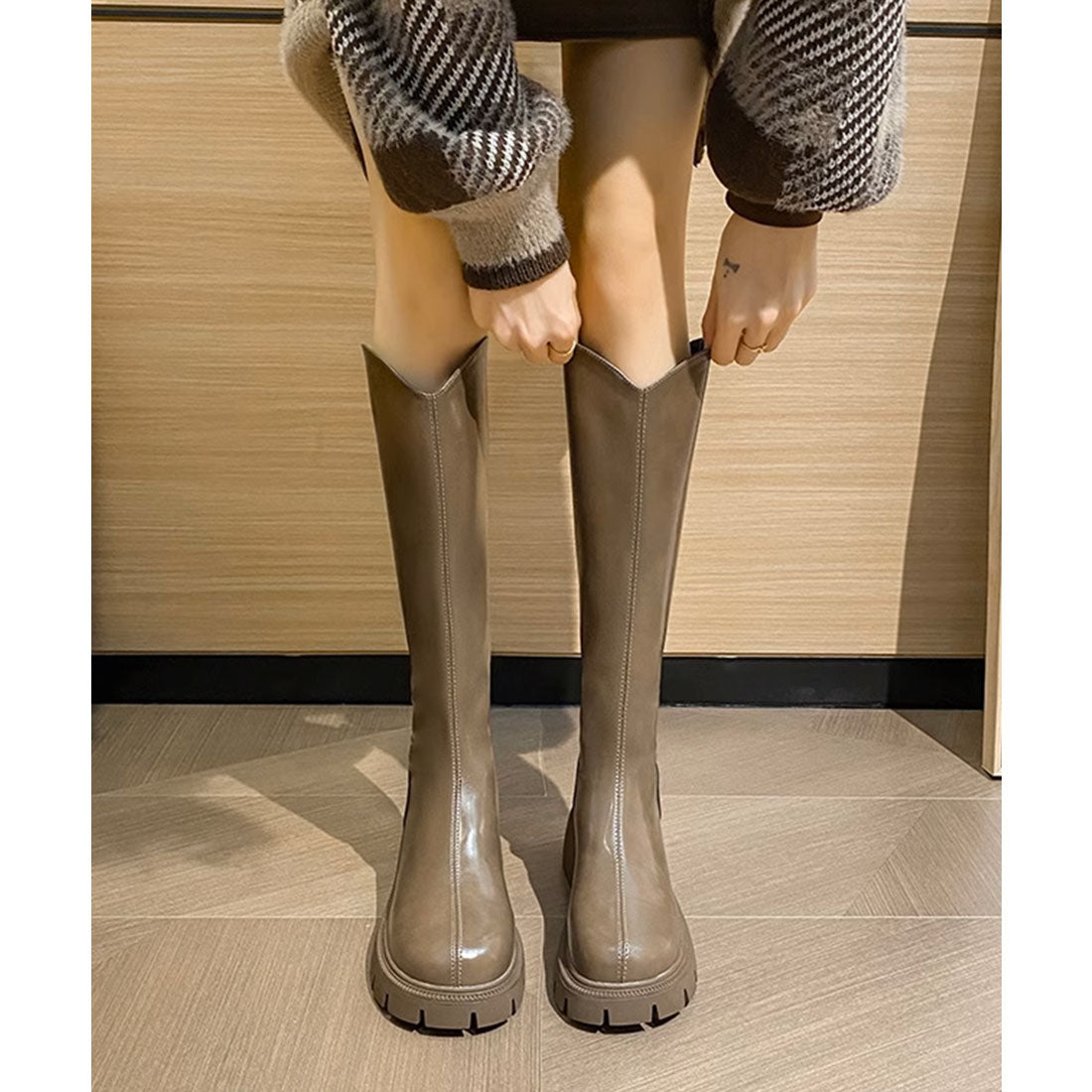 レースレディース Lace Ladies バックファスナー ウエスタン 厚底 ロング ブーツ （グレージュ） グレージュ