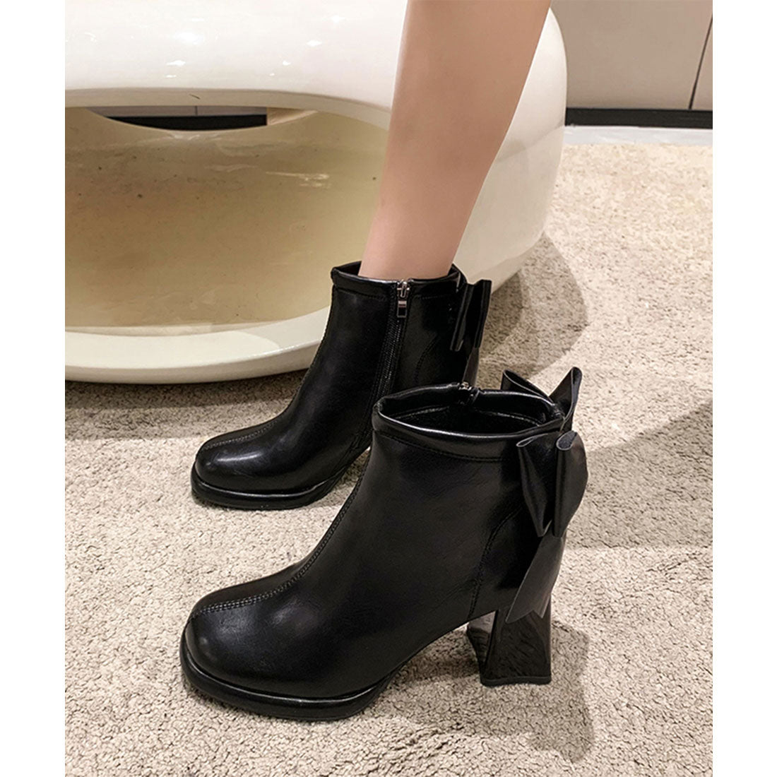 レースレディース Lace Ladies バック リボン チャンキー ショート ブーツ （ブラック） ブラック