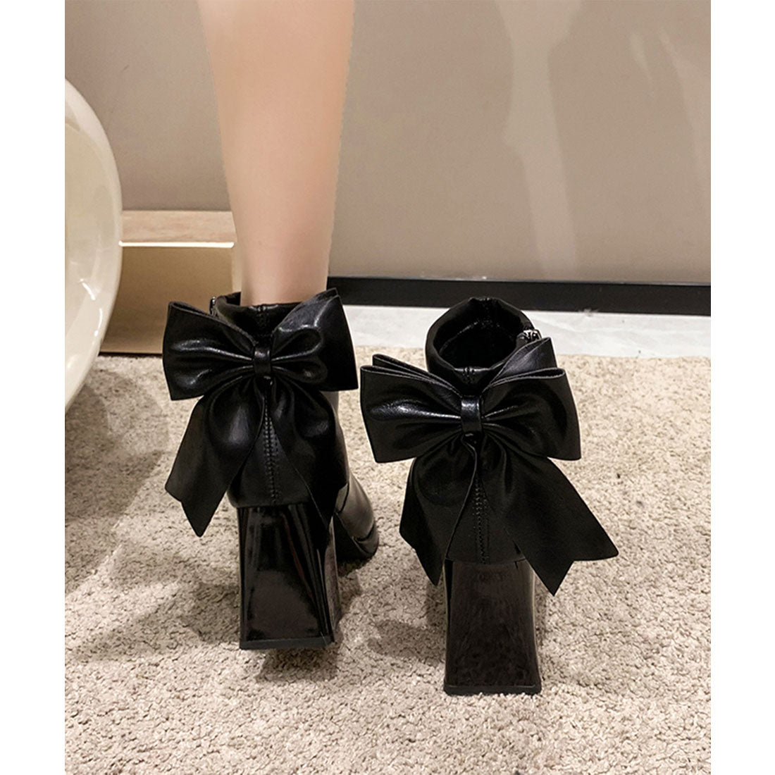 レースレディース Lace Ladies バック リボン チャンキー ショート ブーツ （ブラック） ブラック