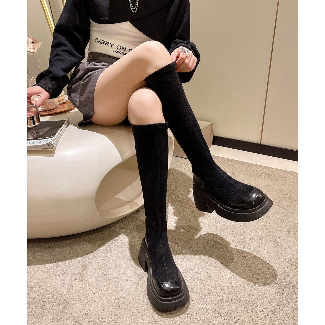 レースレディース Lace Ladies レザー調 厚底 切り替え ラウンド ロング ブーツ （ブラック） ブラック