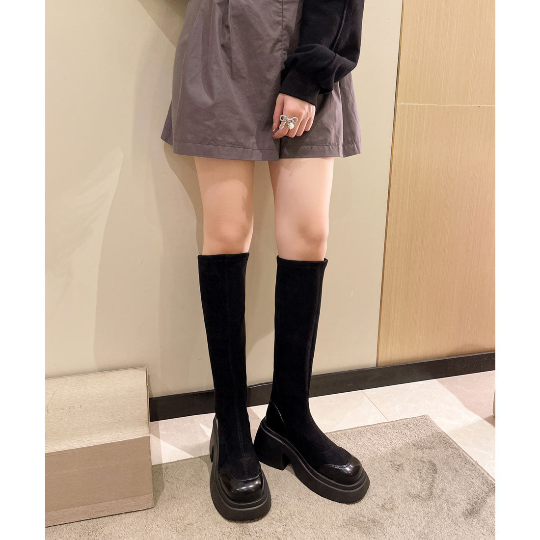 レースレディース Lace Ladies レザー調 厚底 切り替え ラウンド ロング ブーツ （ブラック） ブラック
