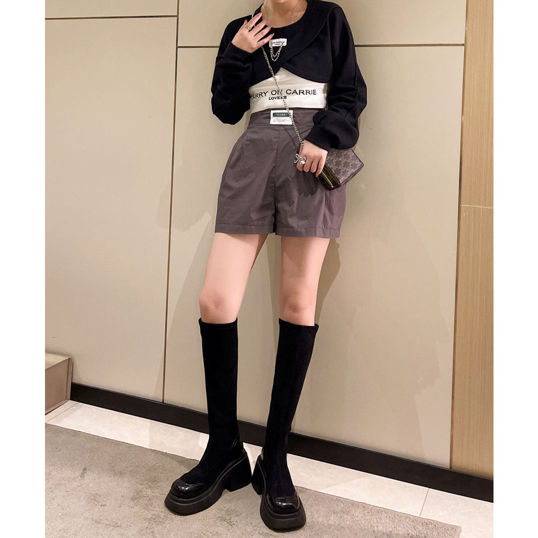 レースレディース Lace Ladies レザー調 厚底 切り替え ラウンド ロング ブーツ （ブラック） ブラック