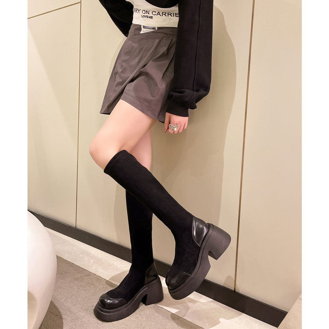 レースレディース Lace Ladies レザー調 厚底 切り替え ラウンド ロング ブーツ （ブラック） ブラック